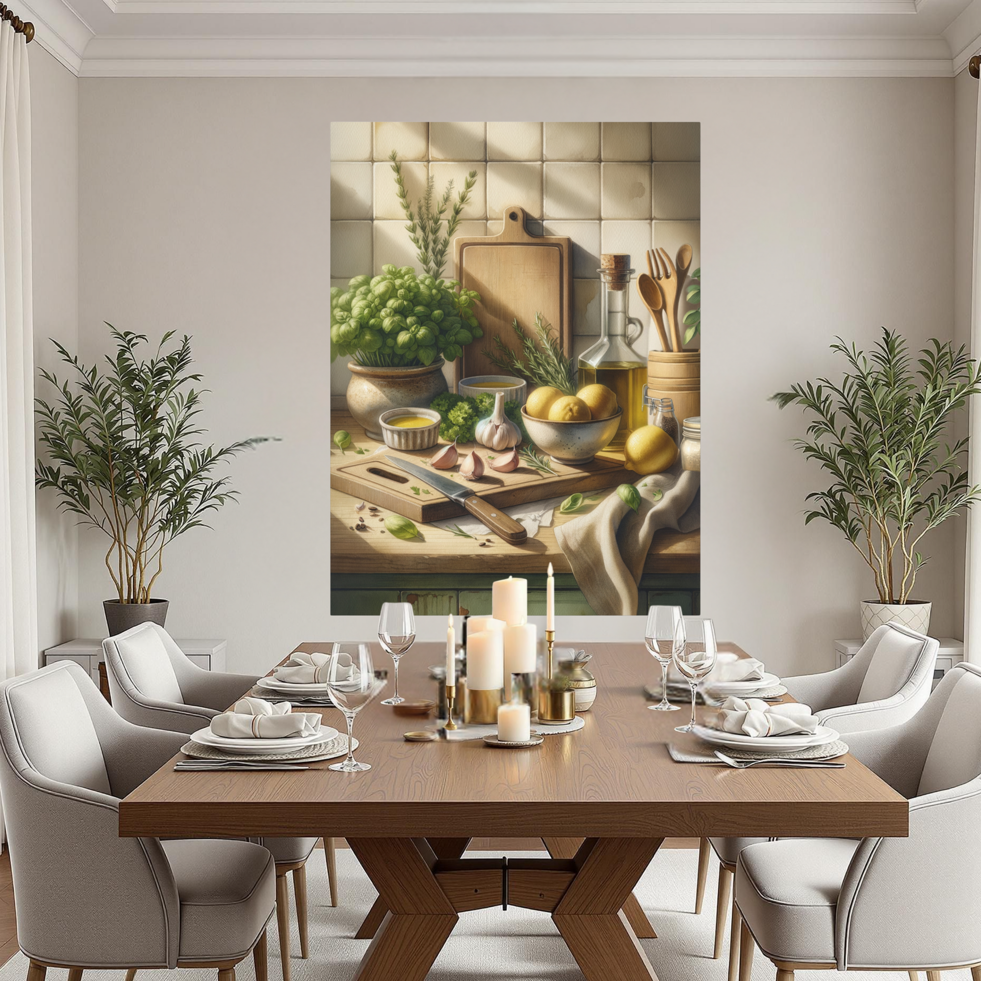 Lemons and Olive Oil on Rustic Counter – Farmhouse Kitchen Wall Art