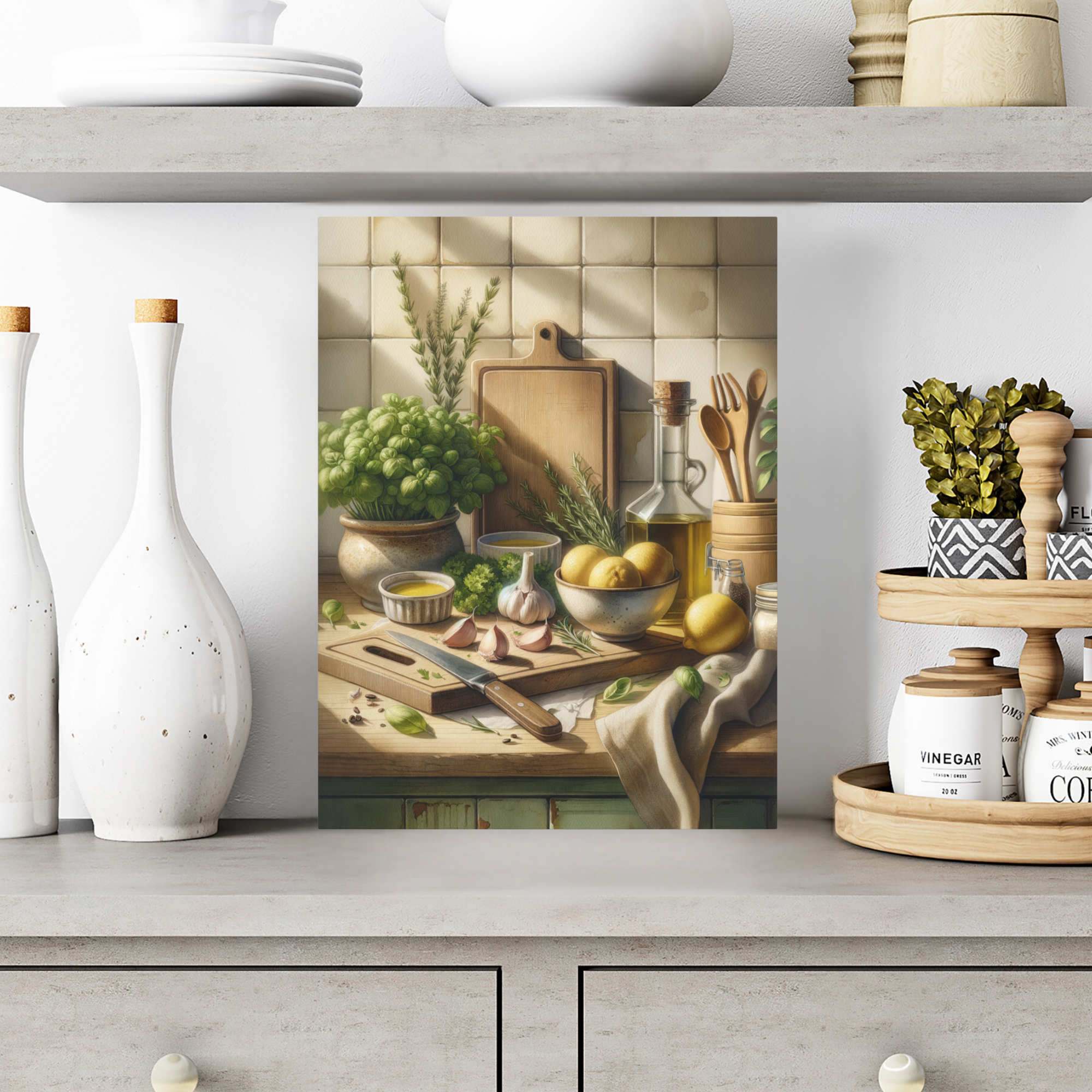 Lemons and Olive Oil on Rustic Counter – Farmhouse Kitchen Wall Art