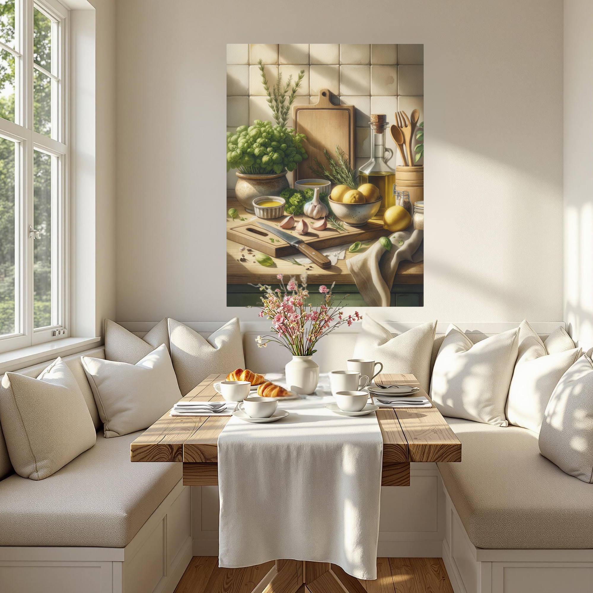 Lemons and Olive Oil on Rustic Counter – Farmhouse Kitchen Wall Art