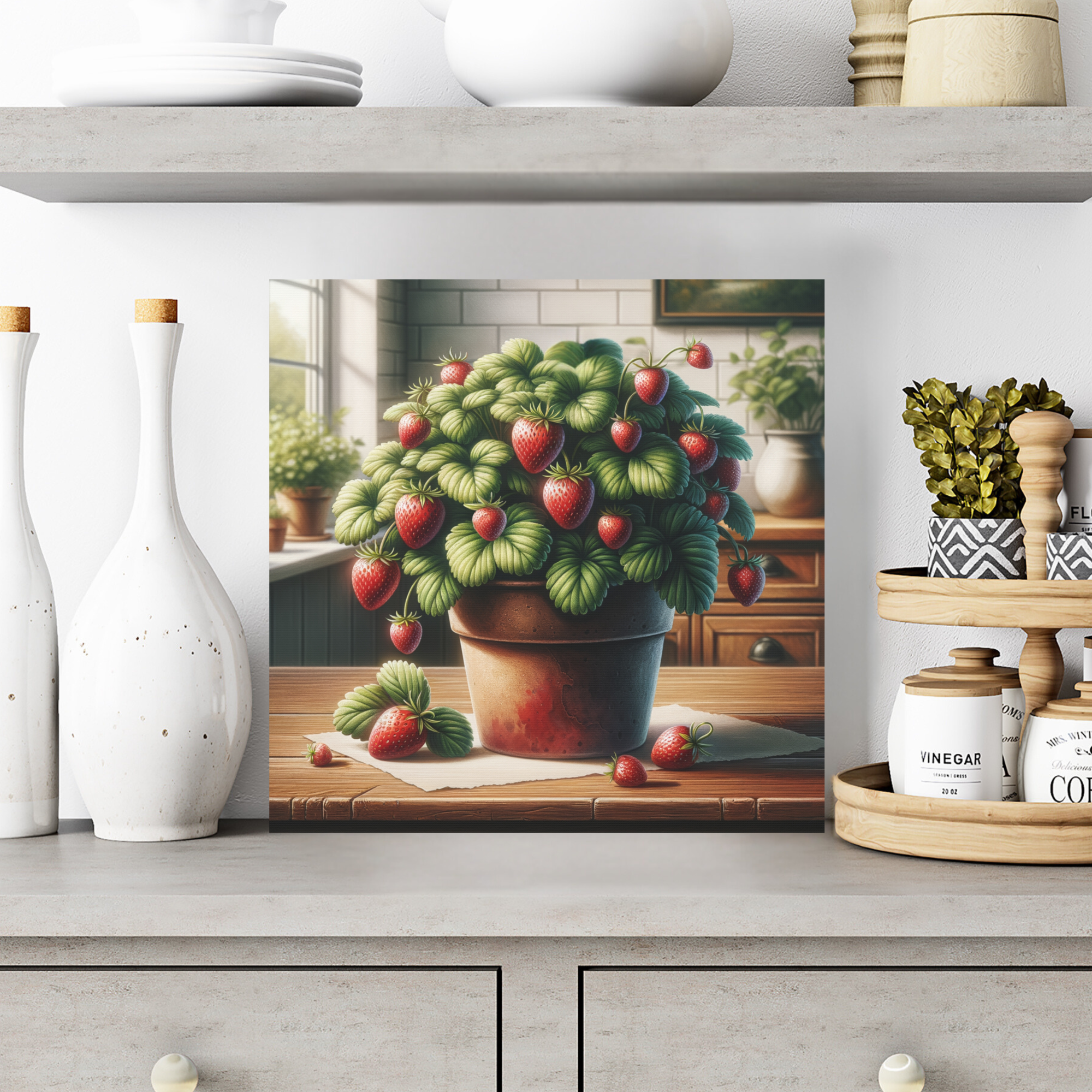 Strawberry Plant in Sunlit Kitchen – Farmhouse Garden Wall Art
