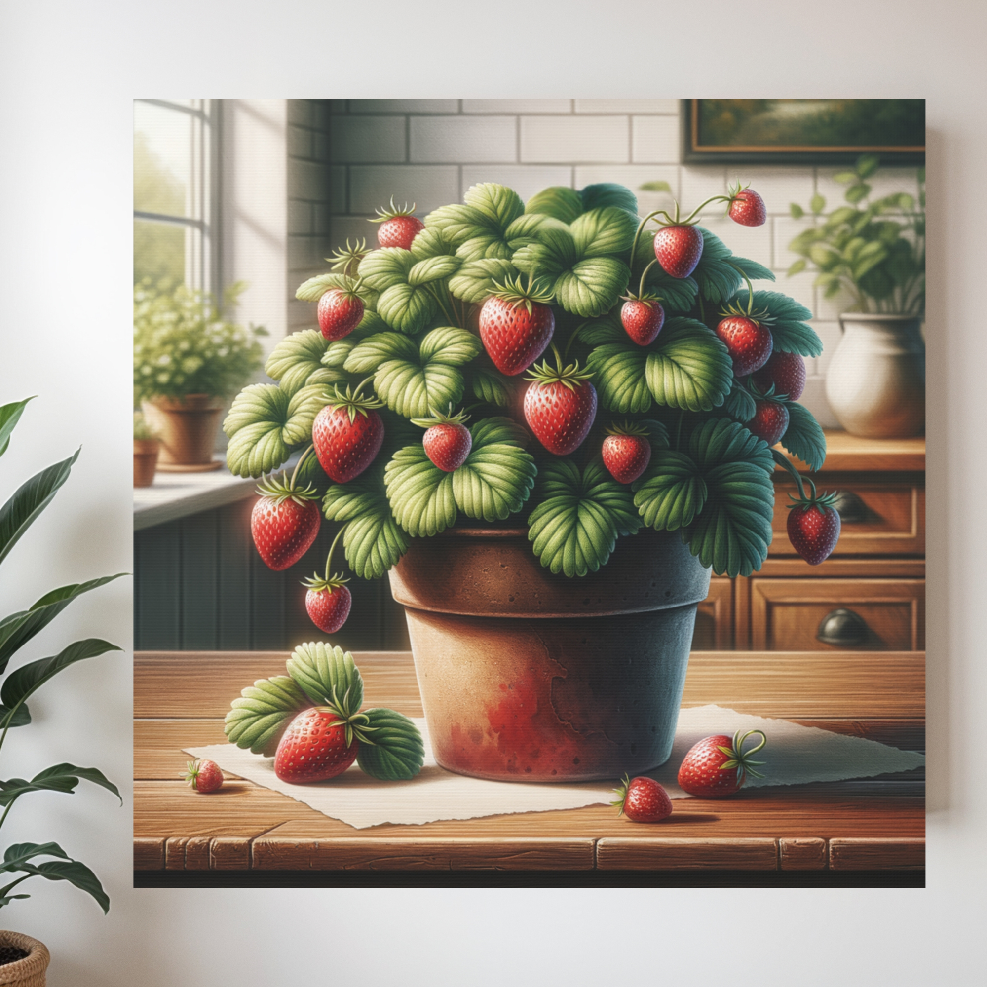Strawberry Plant in Sunlit Kitchen – Farmhouse Garden Wall Art