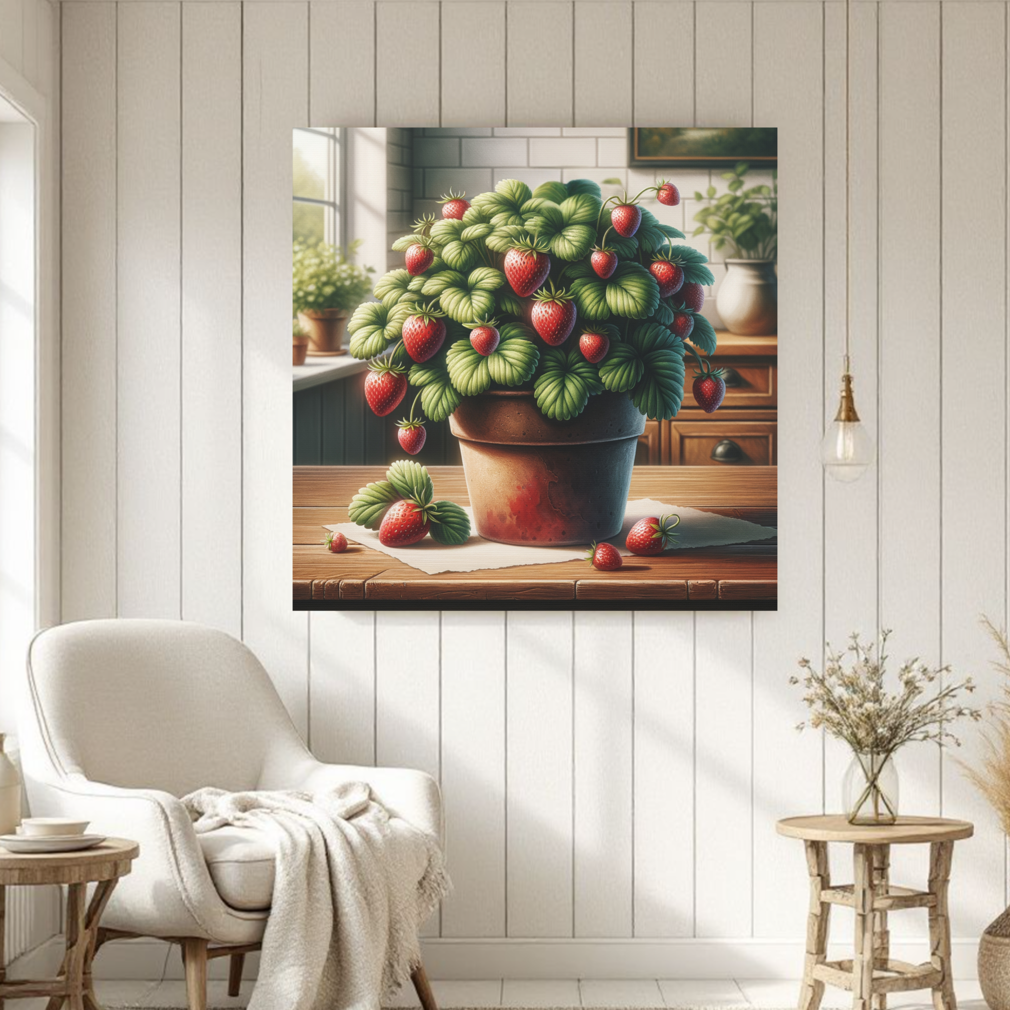 Strawberry Plant in Sunlit Kitchen – Farmhouse Garden Wall Art