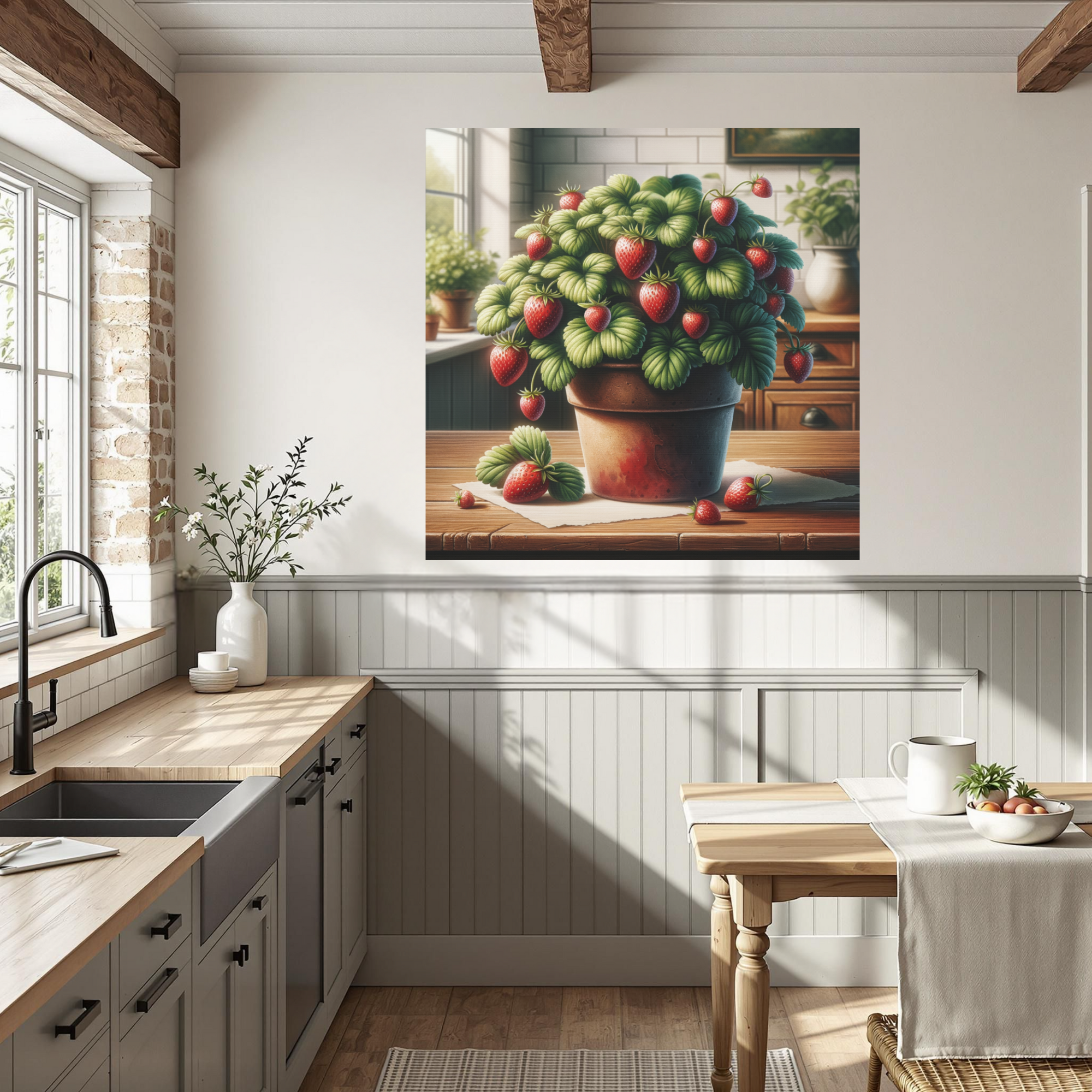 Strawberry Plant in Sunlit Kitchen – Farmhouse Garden Wall Art