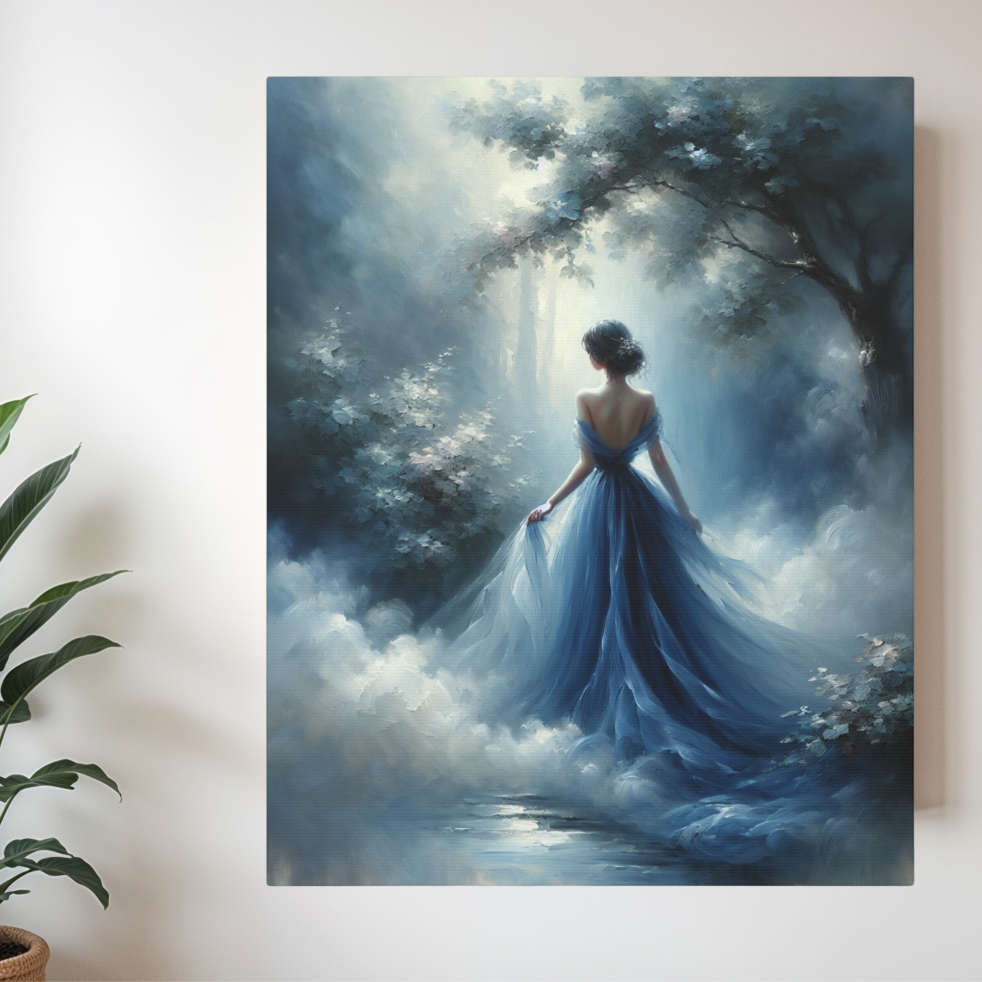 Lady in Blue Gown Walking Through Mist – Romantic Dreamscape Wall Art