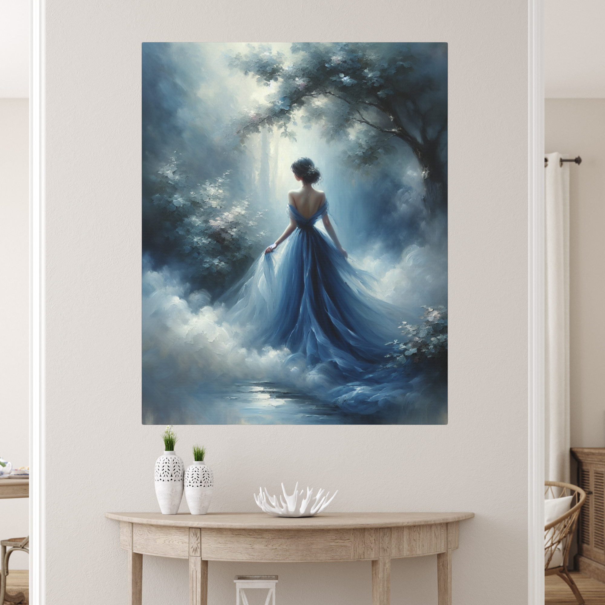 Lady in Blue Gown Walking Through Mist – Romantic Dreamscape Wall Art