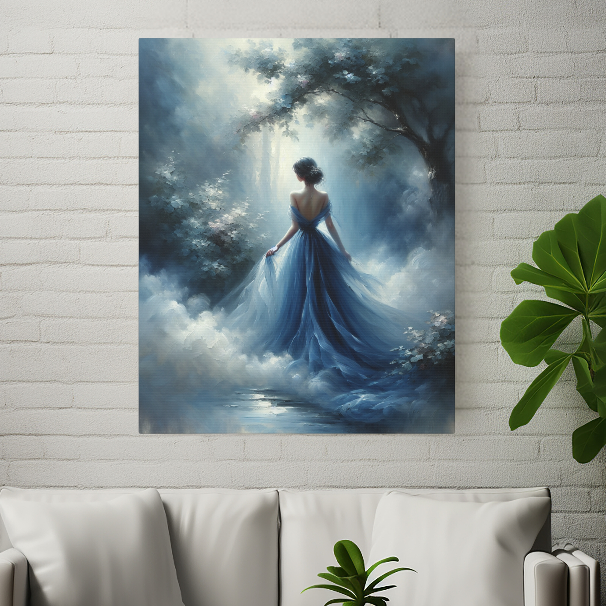 Lady in Blue Gown Walking Through Mist – Romantic Dreamscape Wall Art