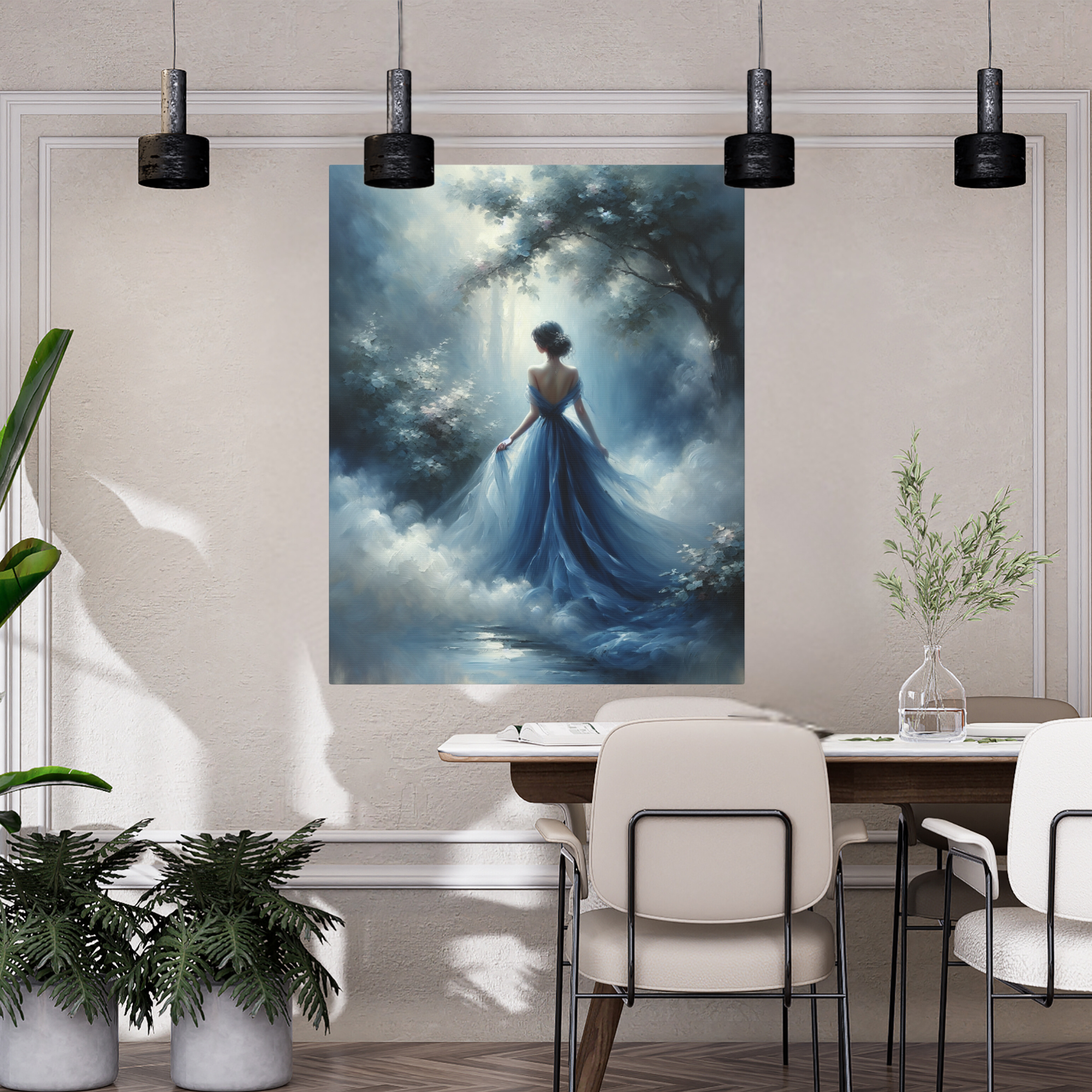 Lady in Blue Gown Walking Through Mist – Romantic Dreamscape Wall Art