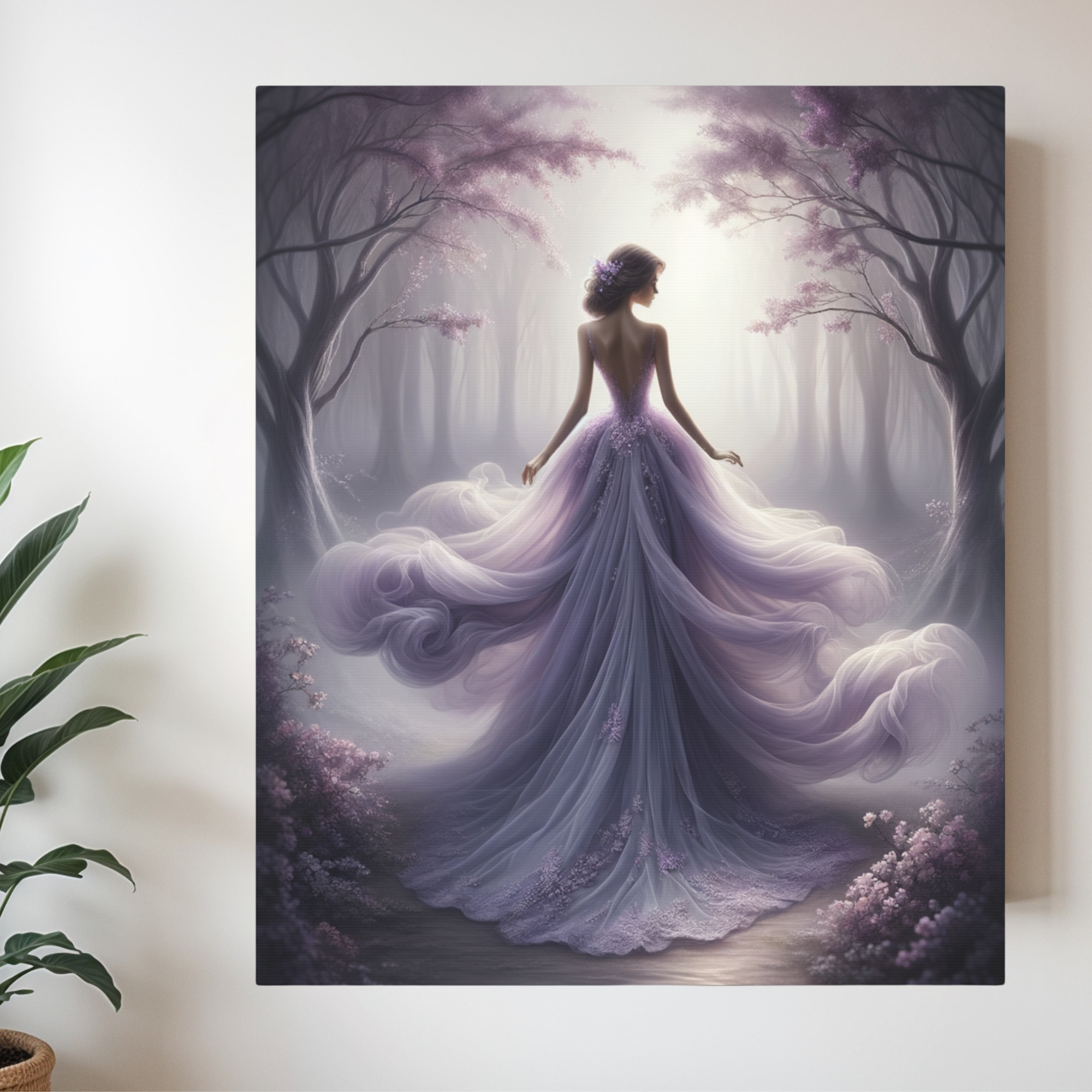 Woman in Flowing Lavender Gown – Romantic Forest Wall Art