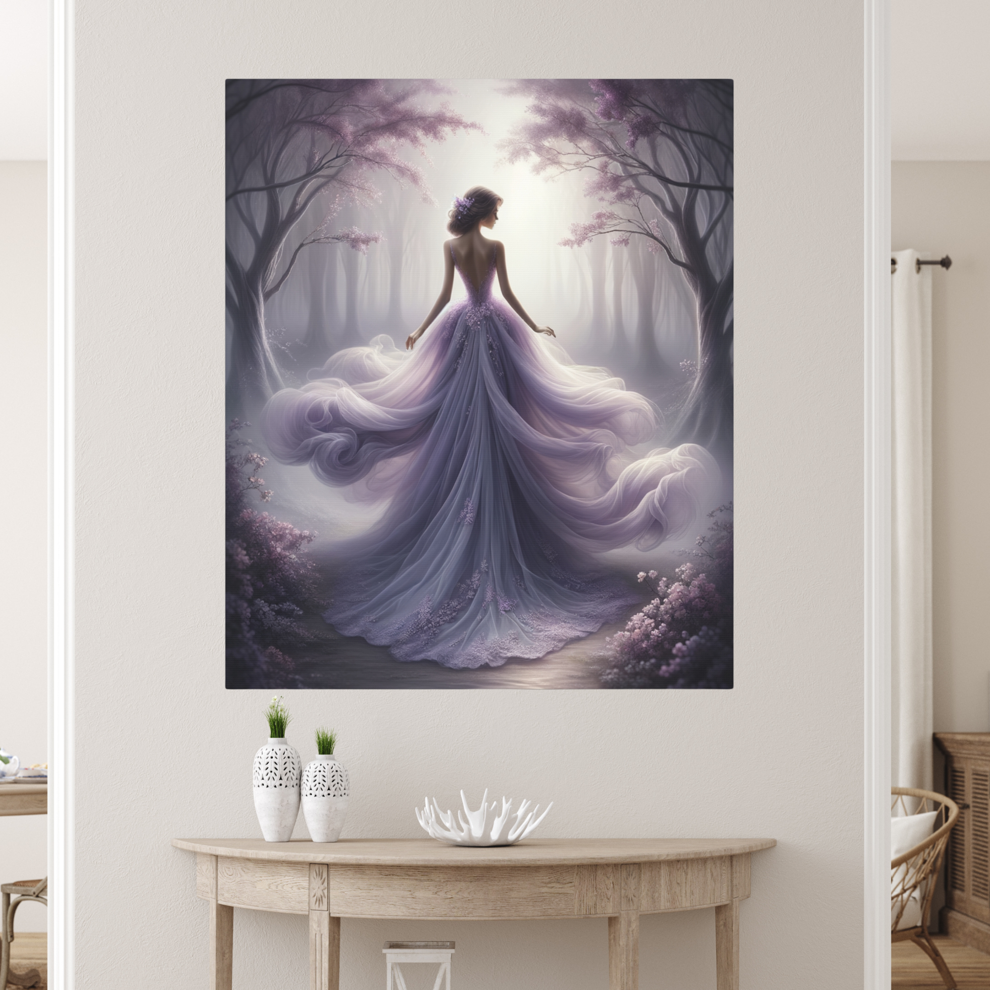 Woman in Flowing Lavender Gown – Romantic Forest Wall Art