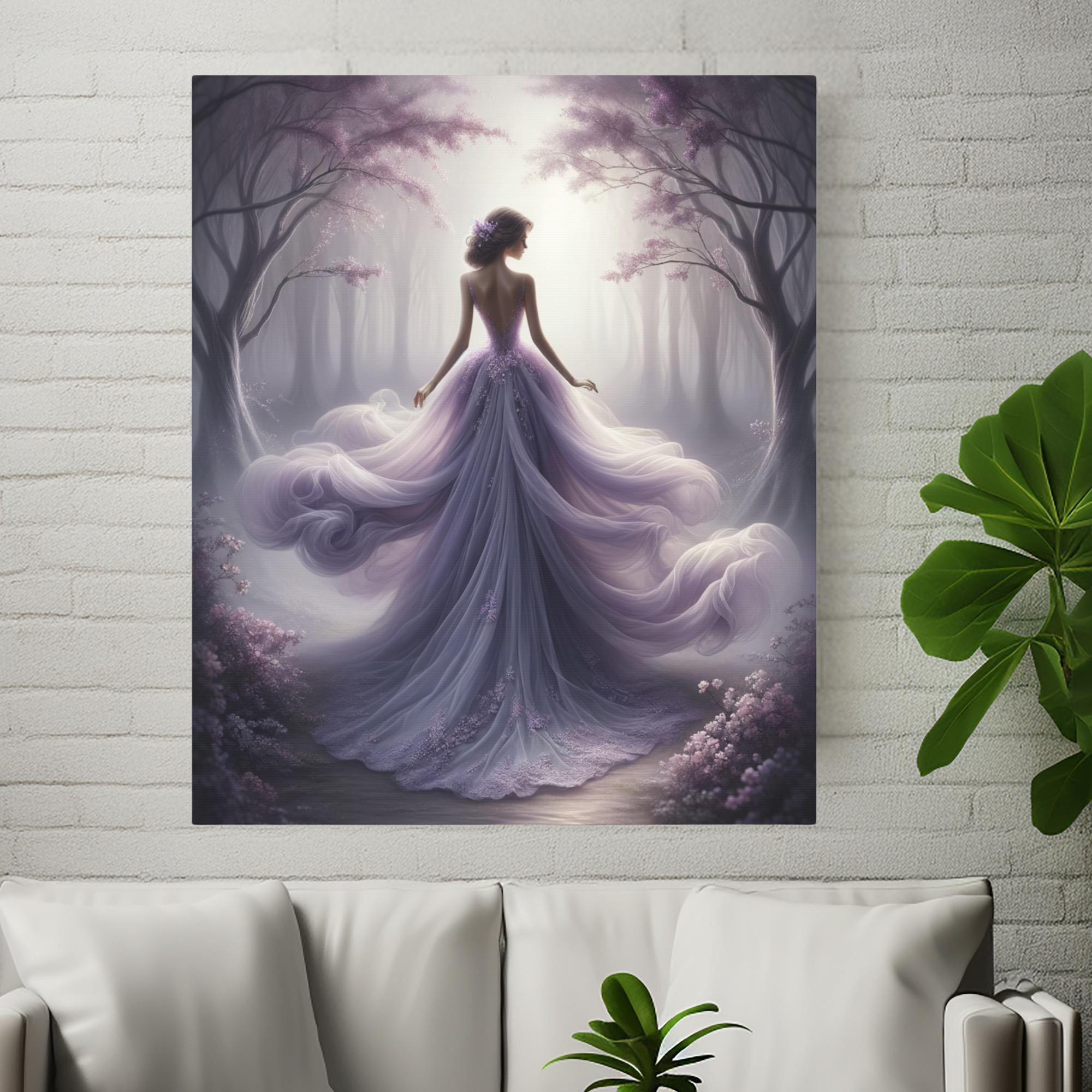 Woman in Flowing Lavender Gown – Romantic Forest Wall Art