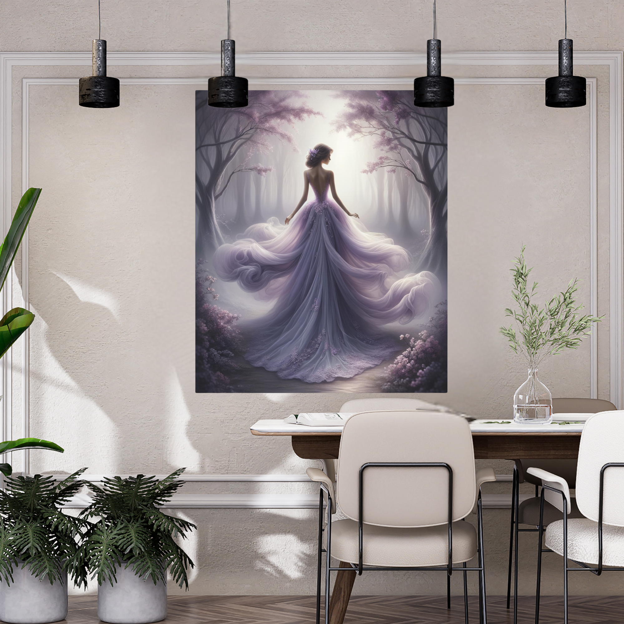 Woman in Flowing Lavender Gown – Romantic Forest Wall Art