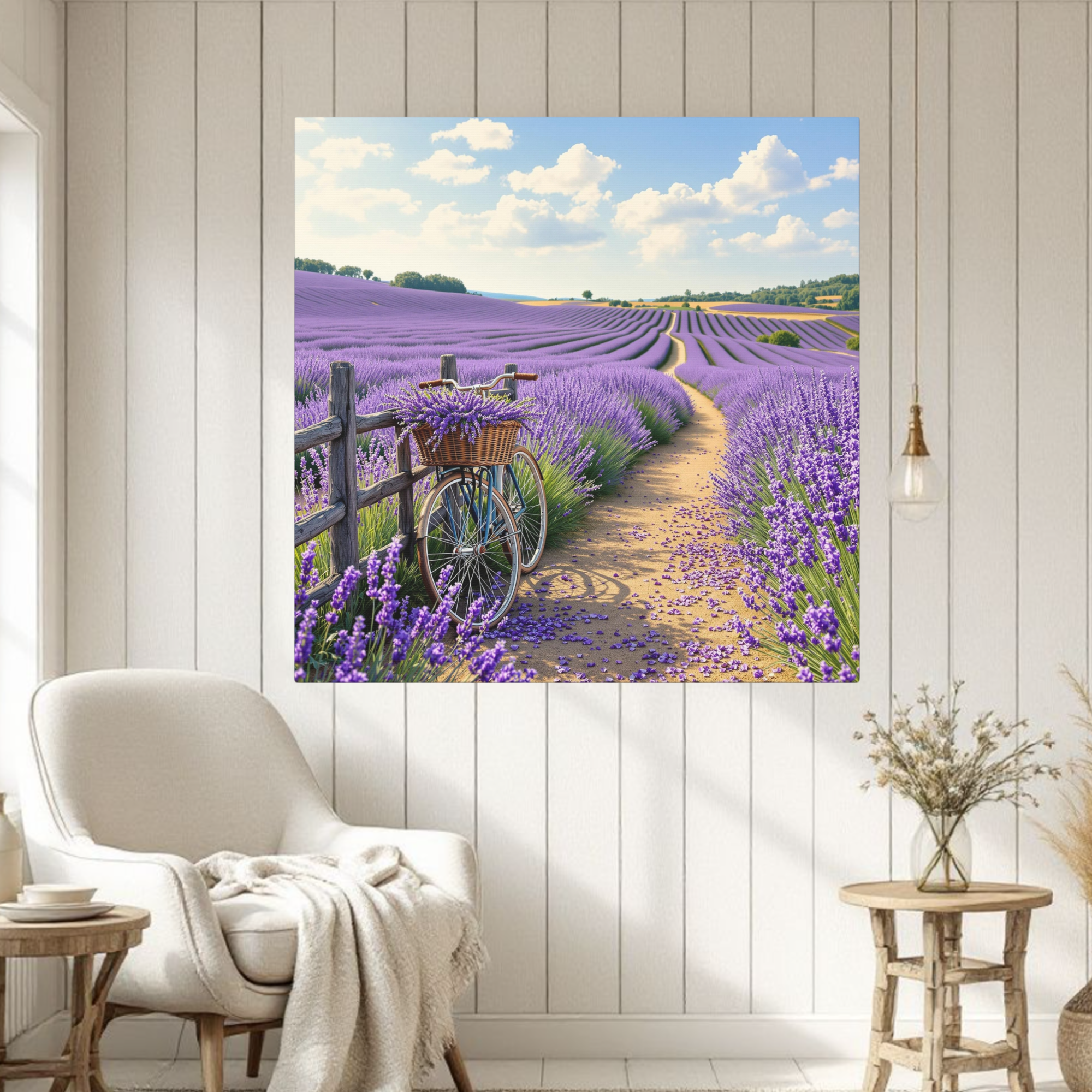 Bicycle in Lavender Field Under Blue Sky – Provence Summer Wall Art