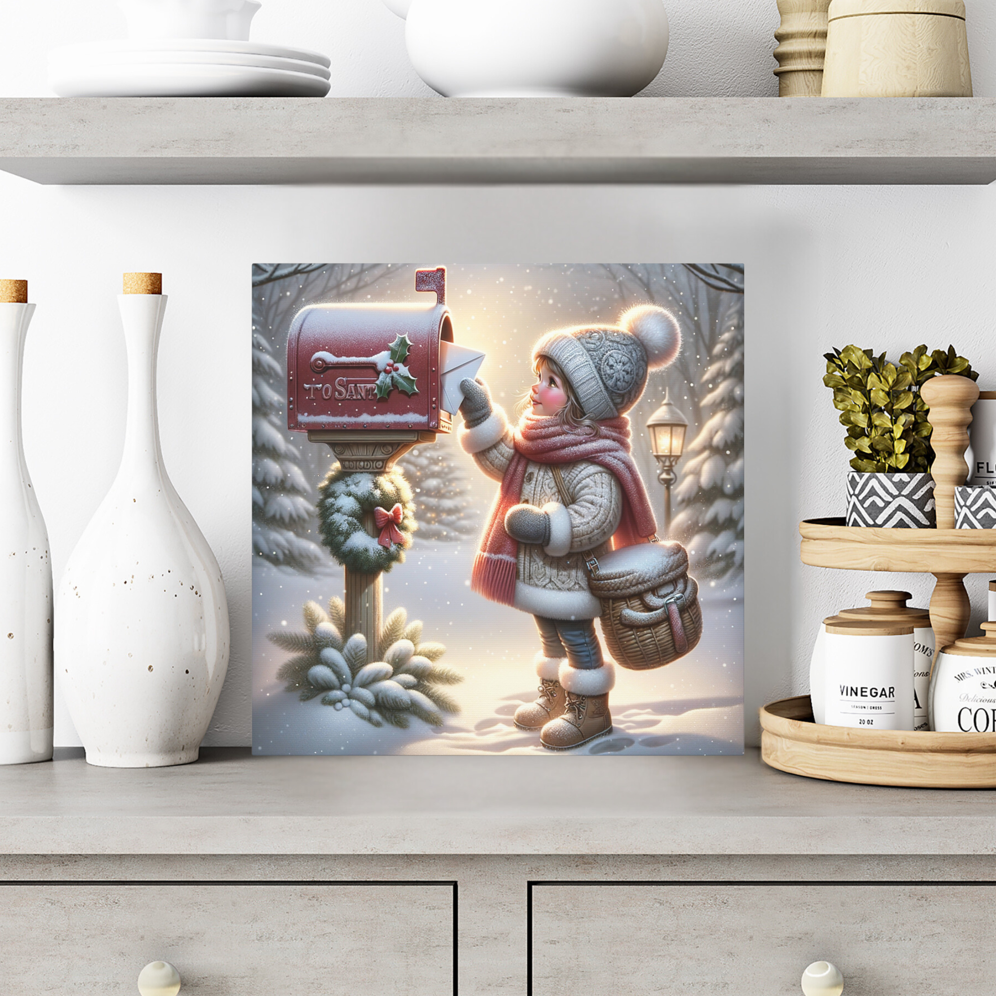 Girl Mailing Letter to Santa – Whimsical Christmas Wall Art
