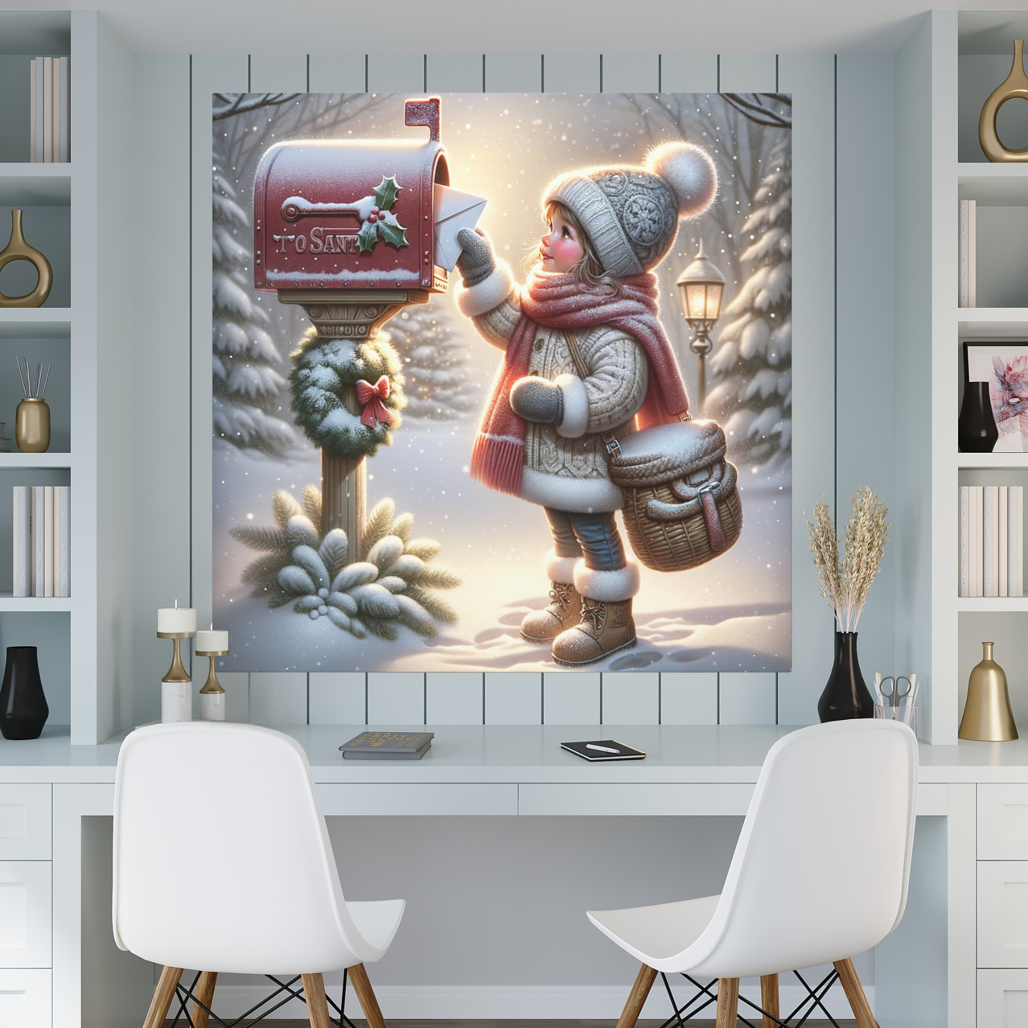Girl Mailing Letter to Santa – Whimsical Christmas Wall Art