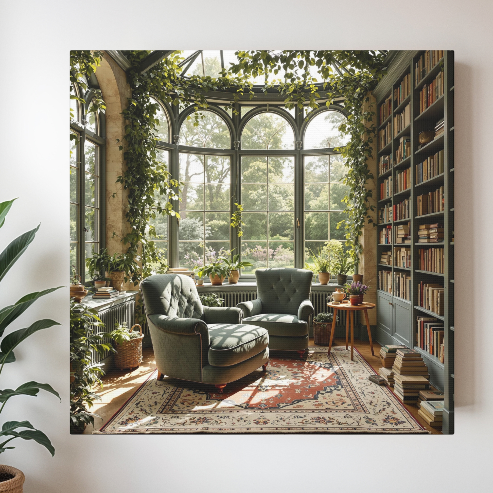 Lush Library Sunroom With Velvet Chairs and Garden View – Cozy Reading Room Wall Art