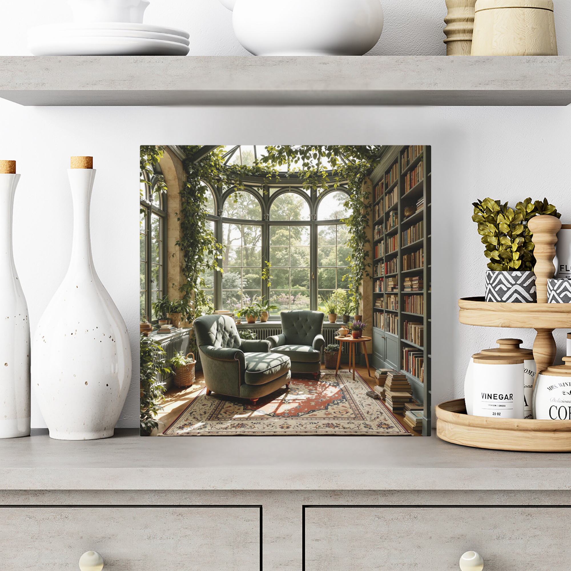 Lush Library Sunroom With Velvet Chairs and Garden View – Cozy Reading Room Wall Art