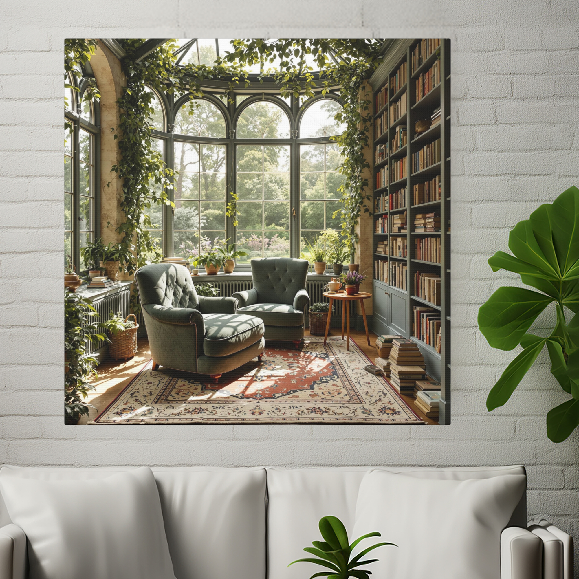 Lush Library Sunroom With Velvet Chairs and Garden View – Cozy Reading Room Wall Art