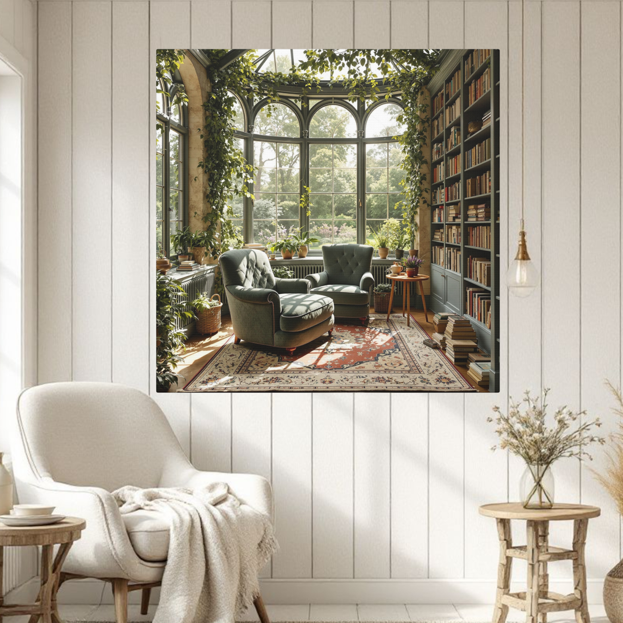 Lush Library Sunroom With Velvet Chairs and Garden View – Cozy Reading Room Wall Art