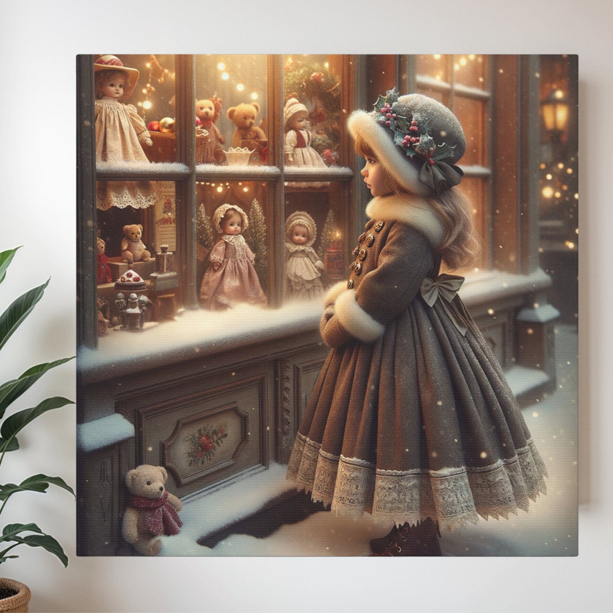 Victorian Girl at Christmas Doll Shop Window – Vintage Holiday Snow Scene Canvas Wall Art