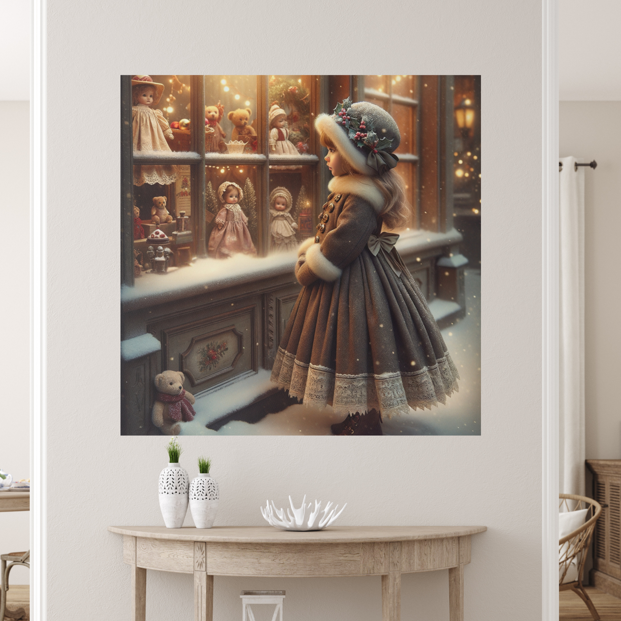 Victorian Girl at Christmas Doll Shop Window – Vintage Holiday Snow Scene Canvas Wall Art
