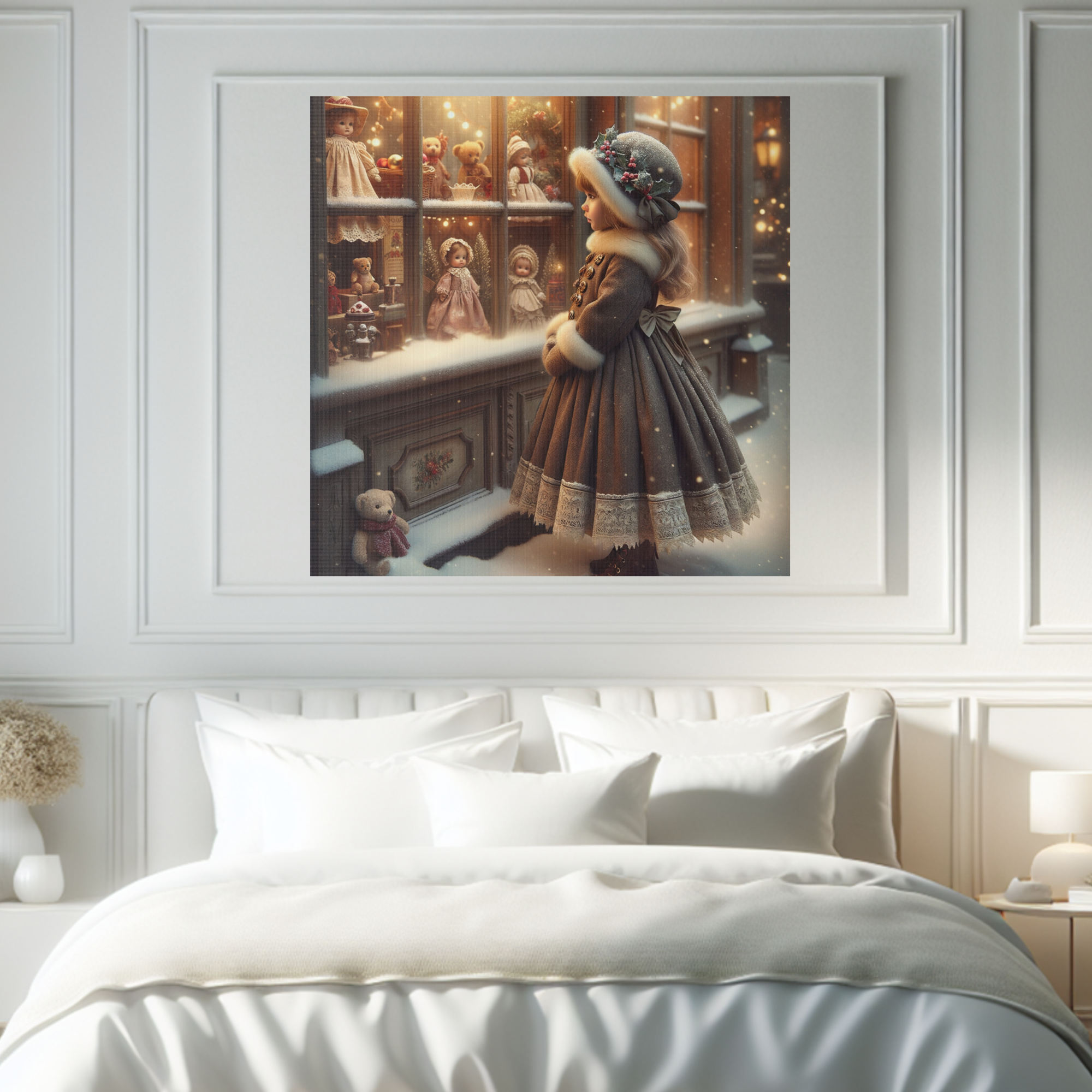 Victorian Girl at Christmas Doll Shop Window – Vintage Holiday Snow Scene Canvas Wall Art