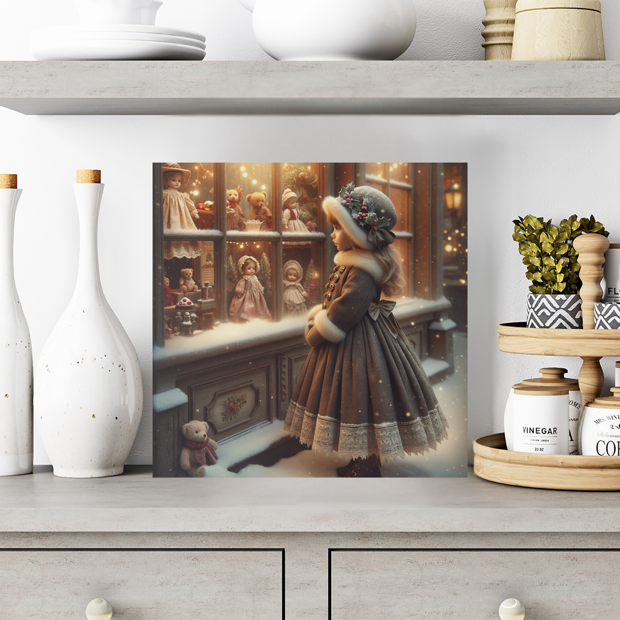 Victorian Girl at Christmas Doll Shop Window – Vintage Holiday Snow Scene Canvas Wall Art