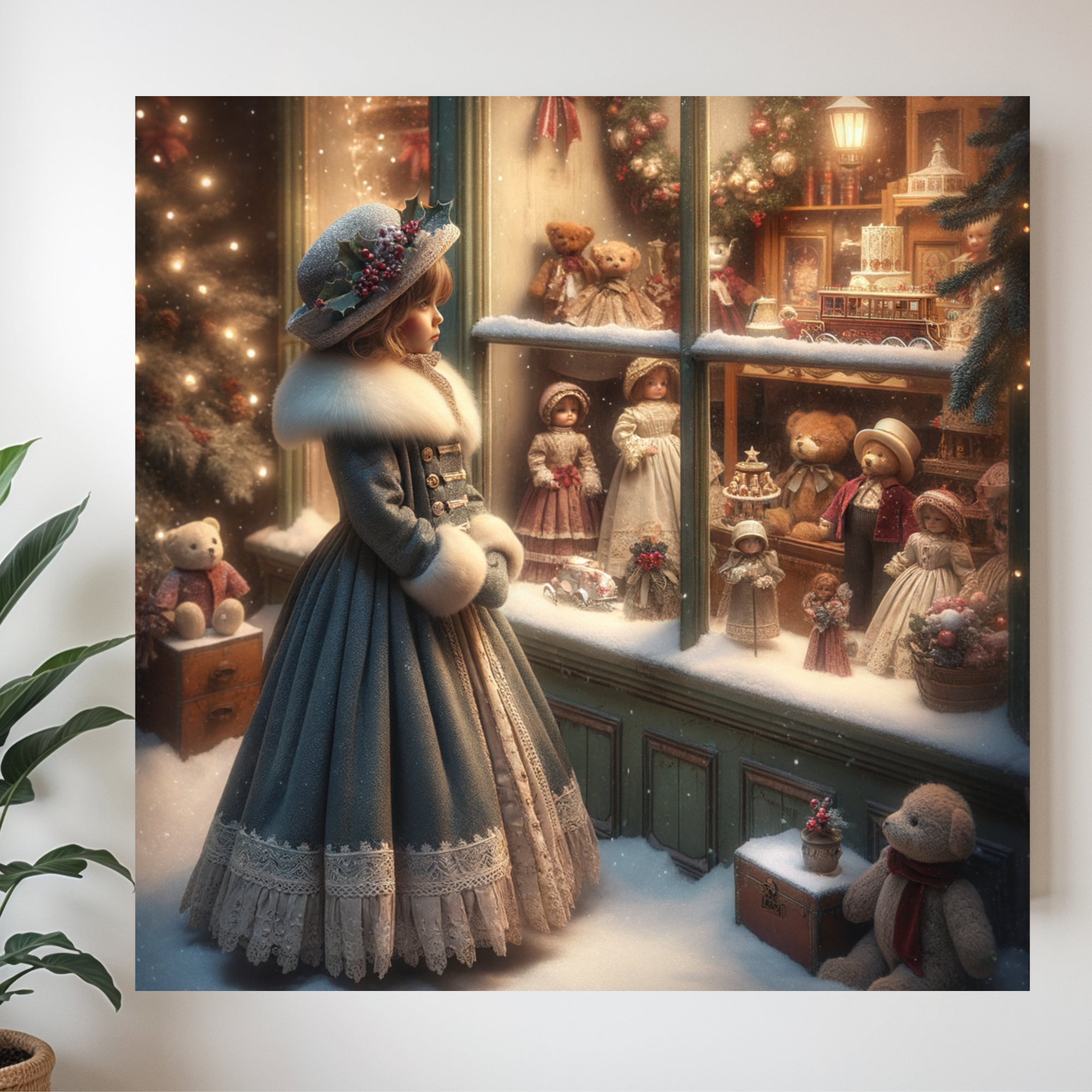 Vintage Christmas Wall Art – Victorian Girl at Doll Shop