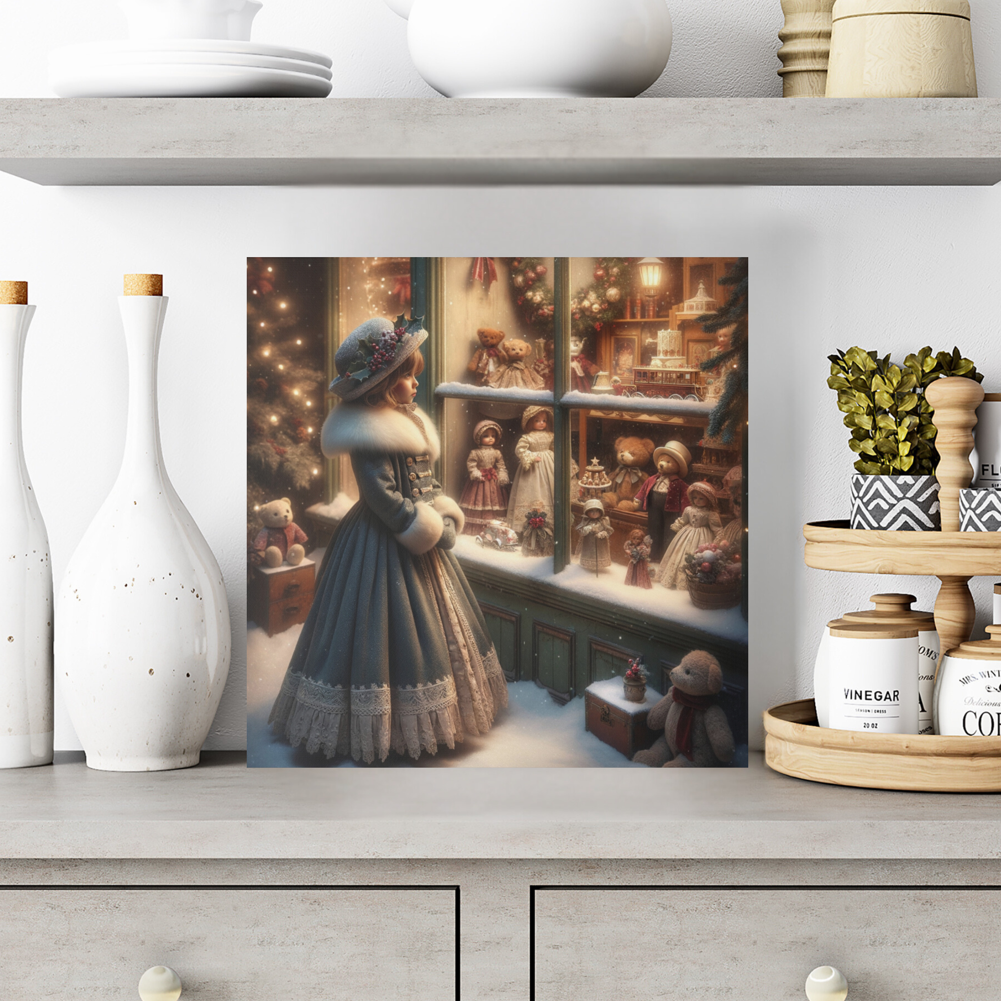Vintage Christmas Wall Art – Victorian Girl at Doll Shop