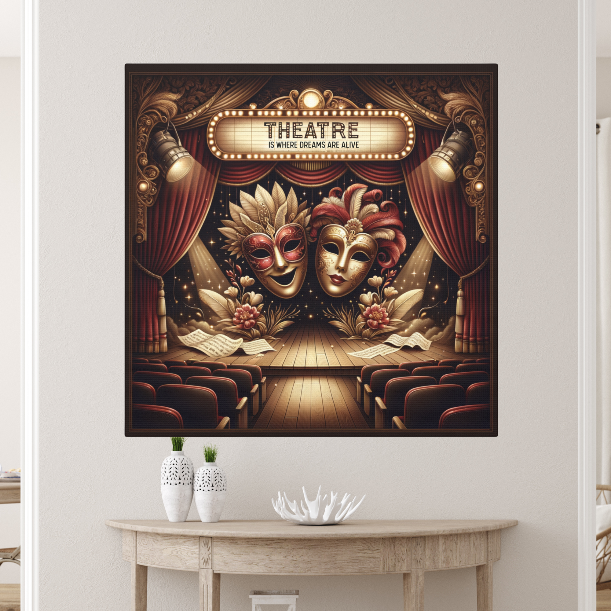Theatre Masks on Grand Stage – Vintage Drama Wall Art