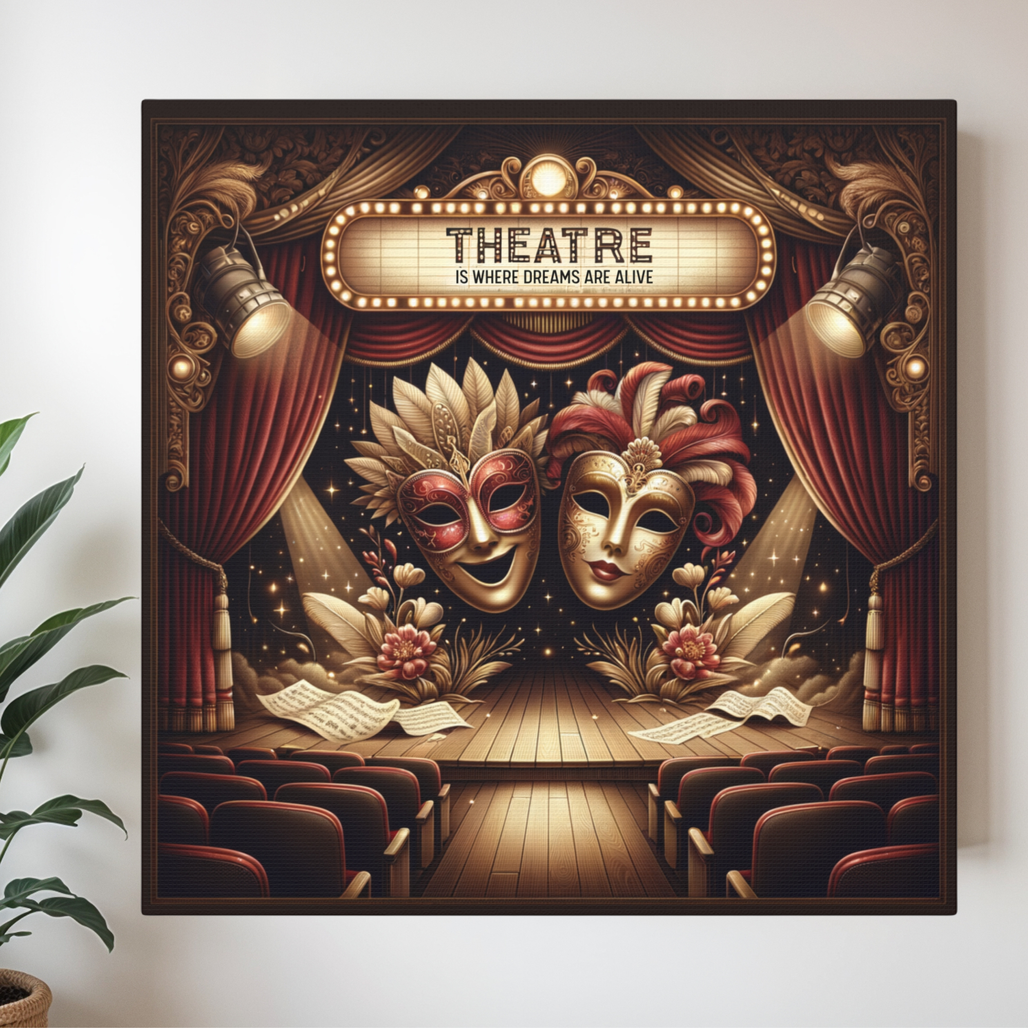 Theatre Masks on Grand Stage – Vintage Drama Wall Art