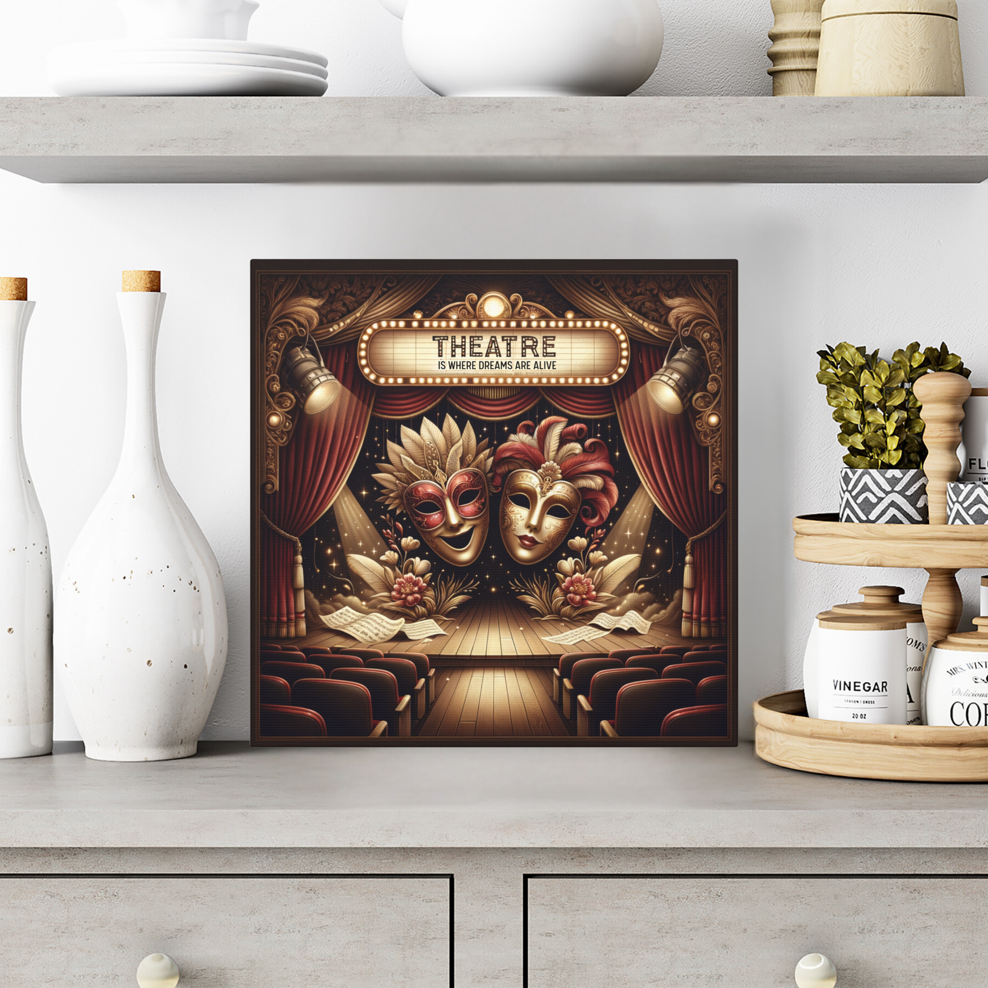 Theatre Masks on Grand Stage – Vintage Drama Wall Art