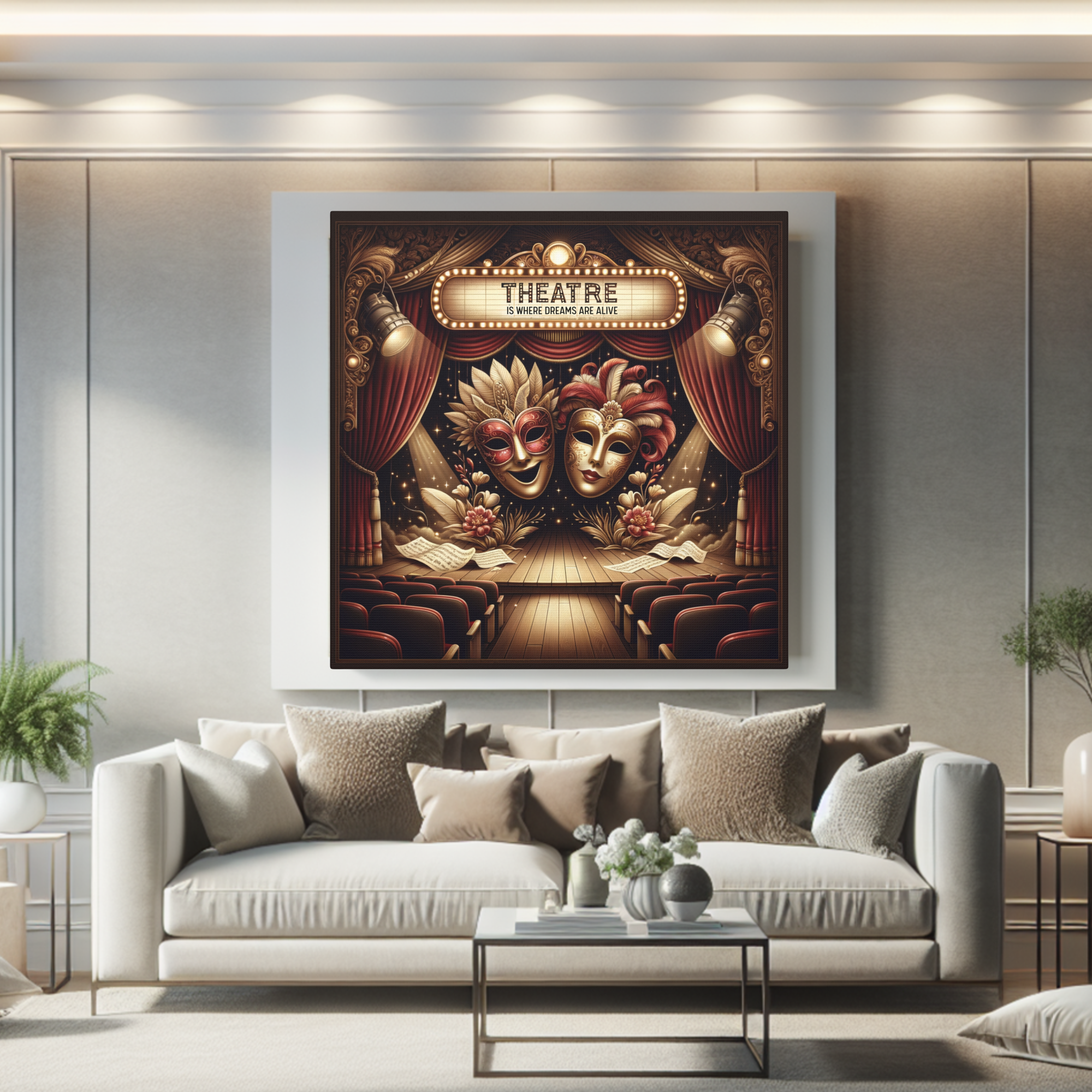 Theatre Masks on Grand Stage – Vintage Drama Wall Art