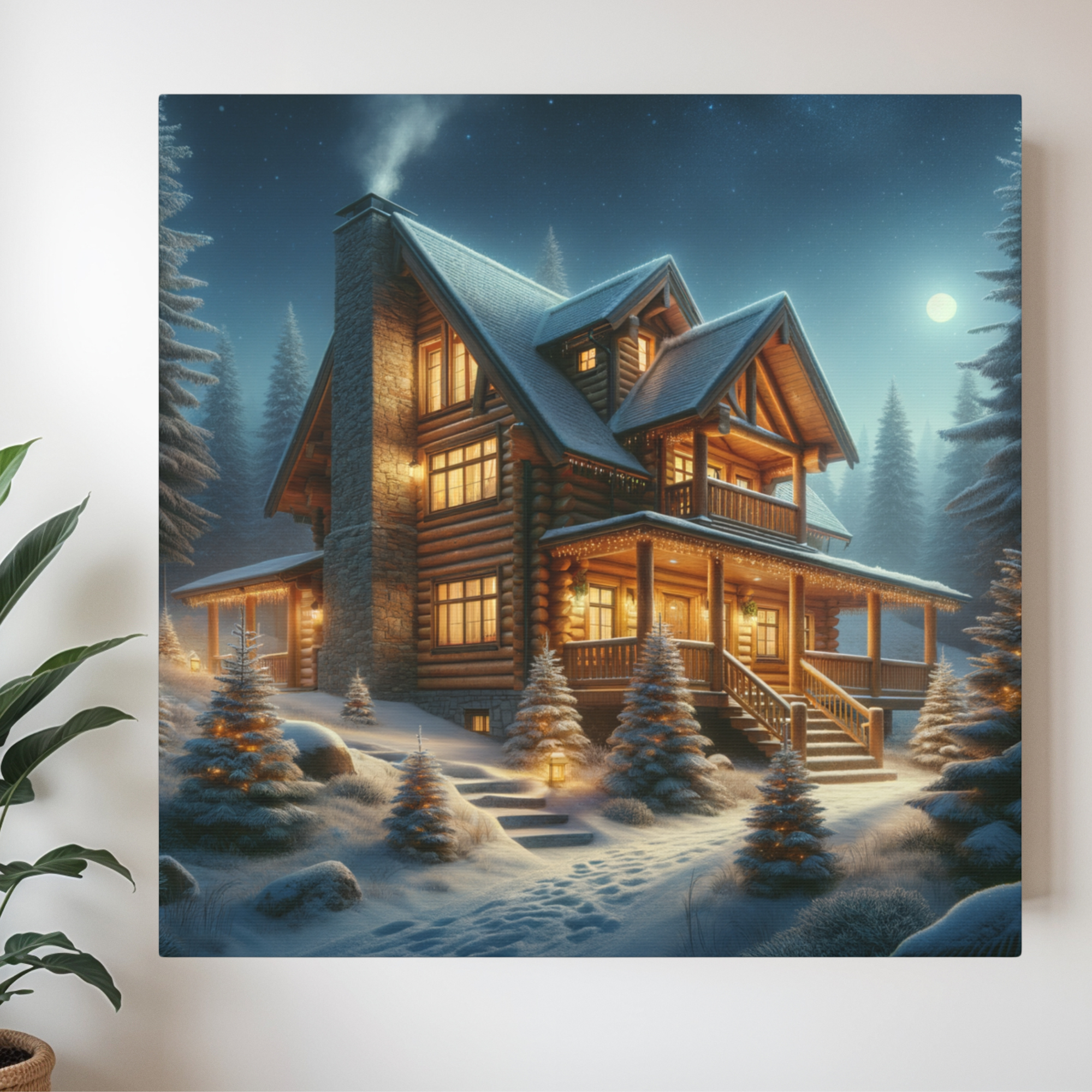 Cozy Log Cabin With Lantern Path and Moon – Winter Lodge Wall Art