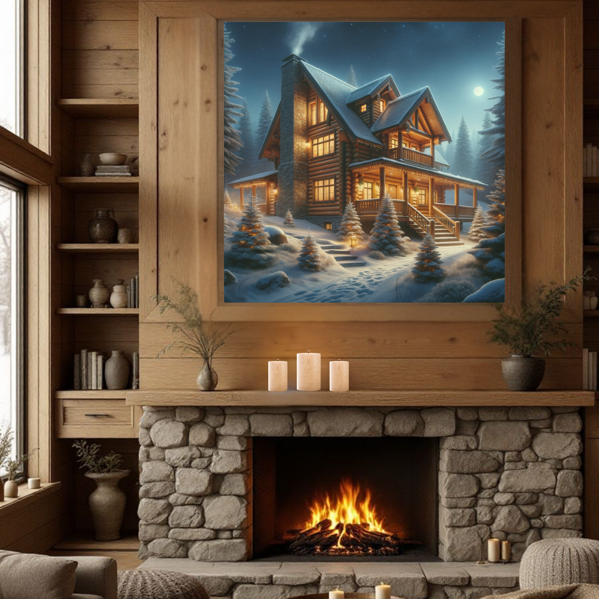 Cozy Log Cabin With Lantern Path and Moon – Winter Lodge Wall Art