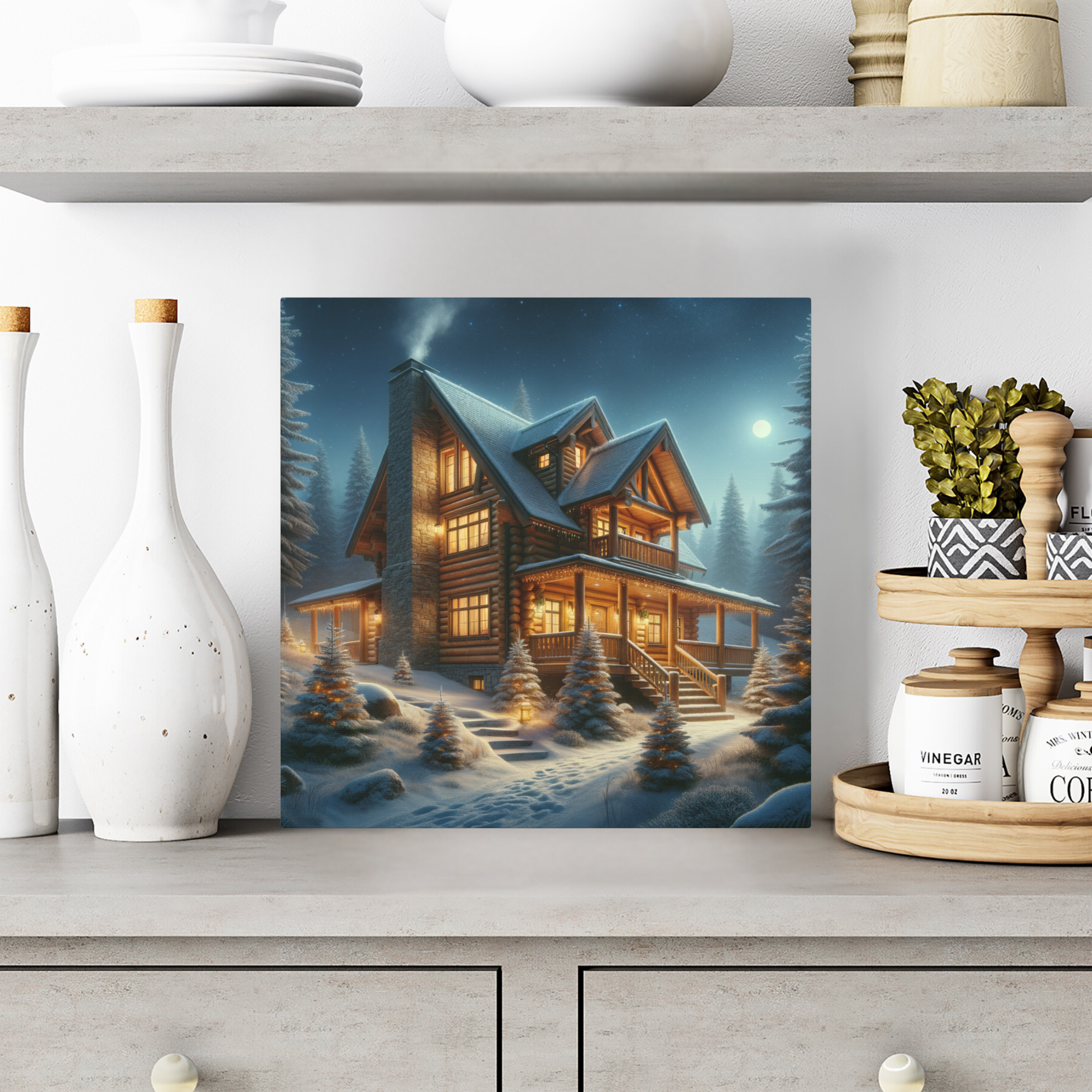 Cozy Log Cabin With Lantern Path and Moon – Winter Lodge Wall Art