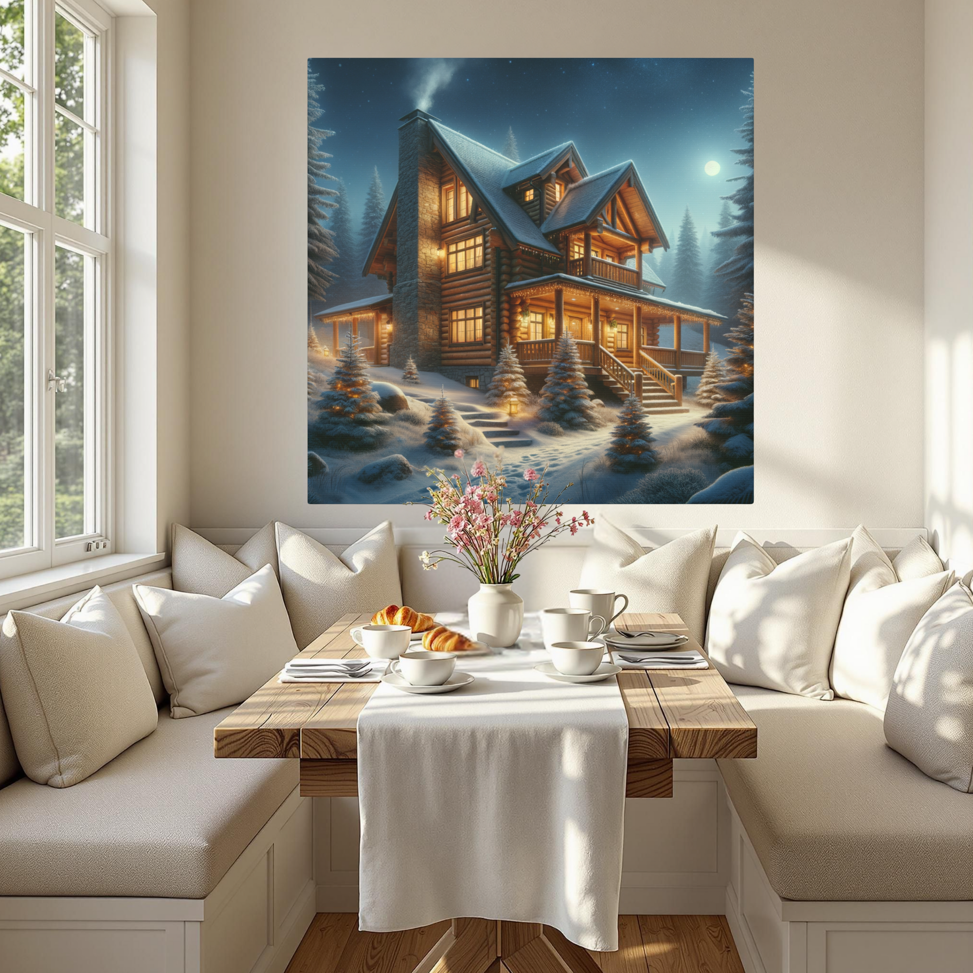 Cozy Log Cabin With Lantern Path and Moon – Winter Lodge Wall Art