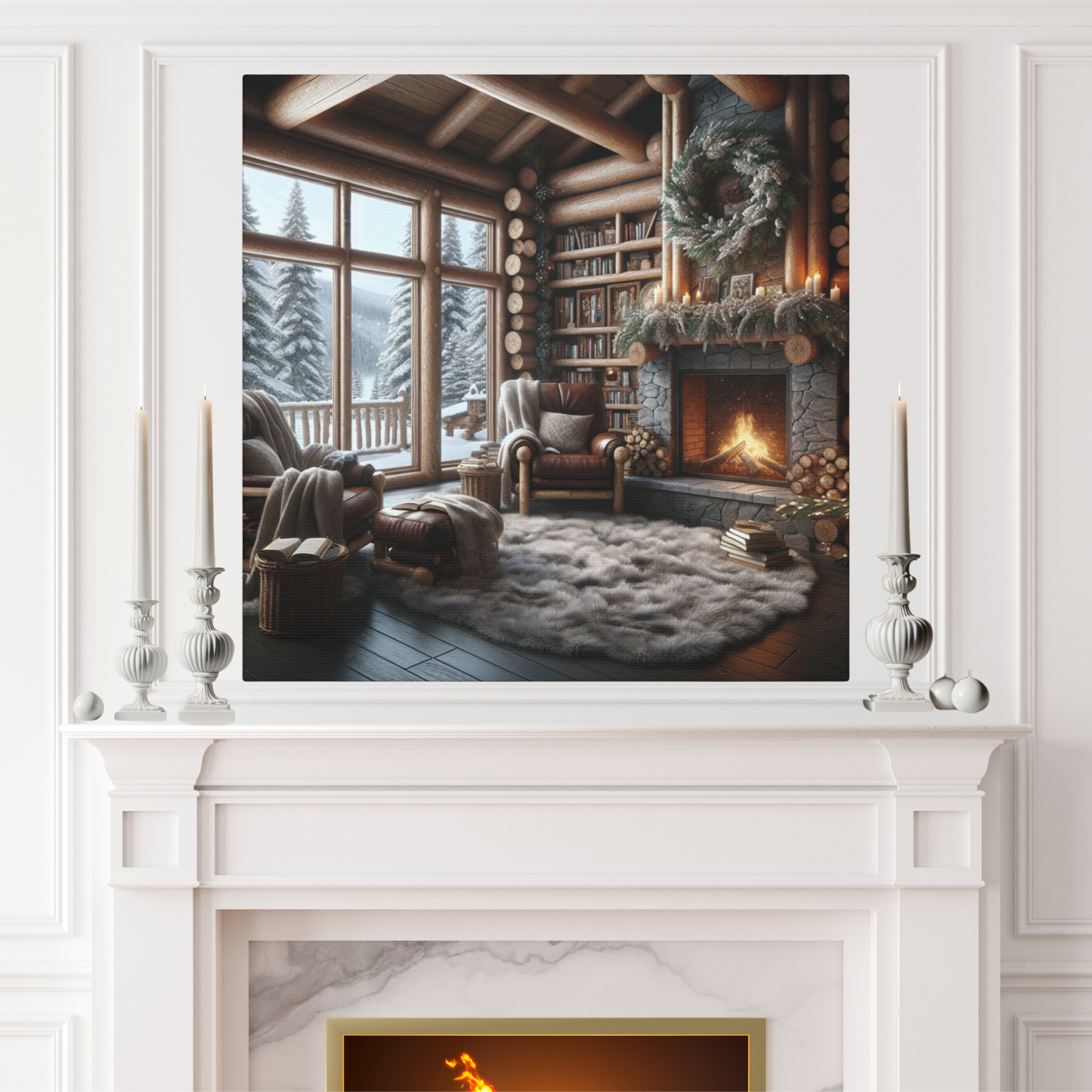 Cozy Log Cabin Reading Nook With Fireplace – Winter Lodge Wall Art