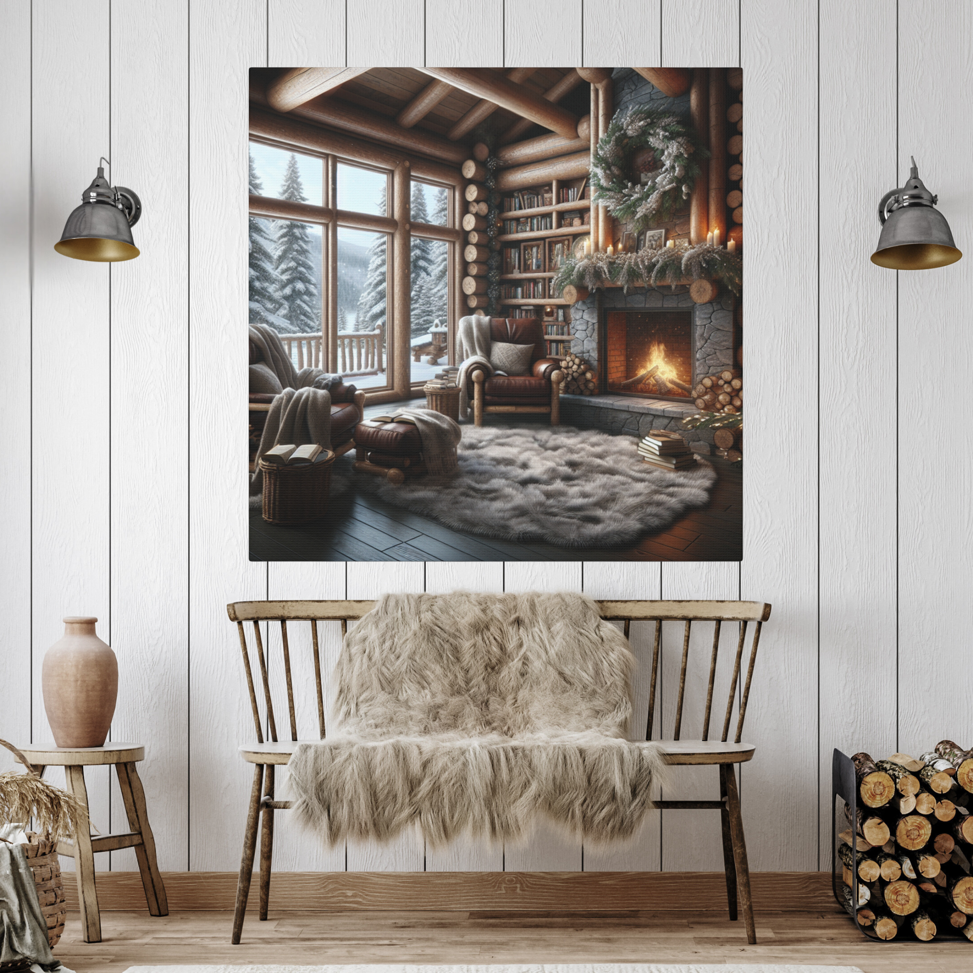 Cozy Log Cabin Reading Nook With Fireplace – Winter Lodge Wall Art