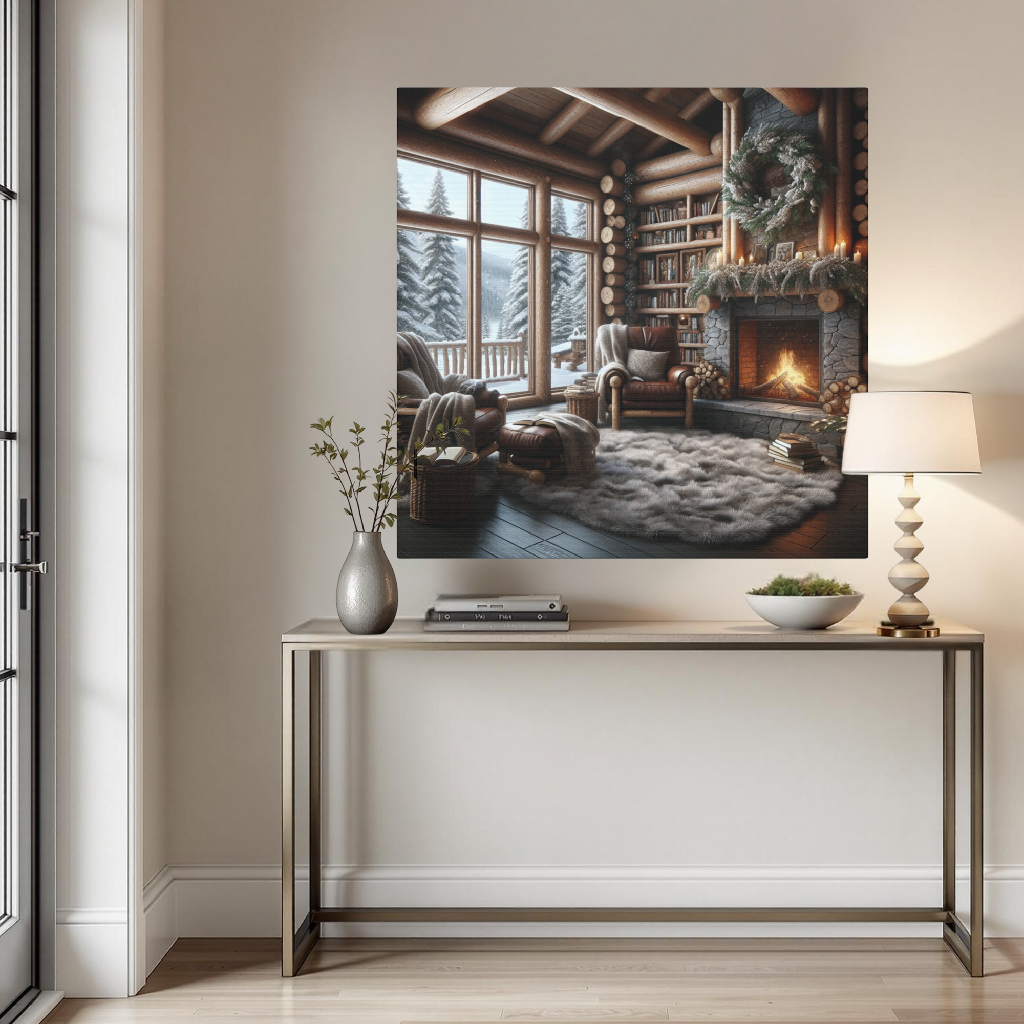 Cozy Log Cabin Reading Nook With Fireplace – Winter Lodge Wall Art
