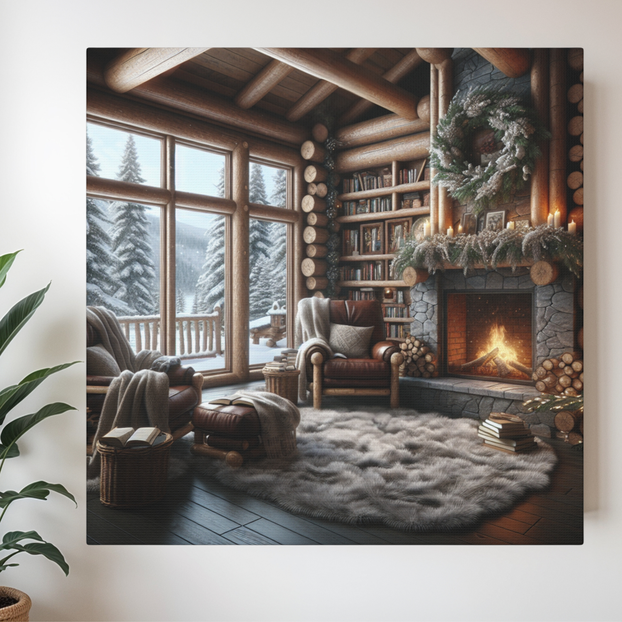 Cozy Log Cabin Reading Nook With Fireplace – Winter Lodge Wall Art