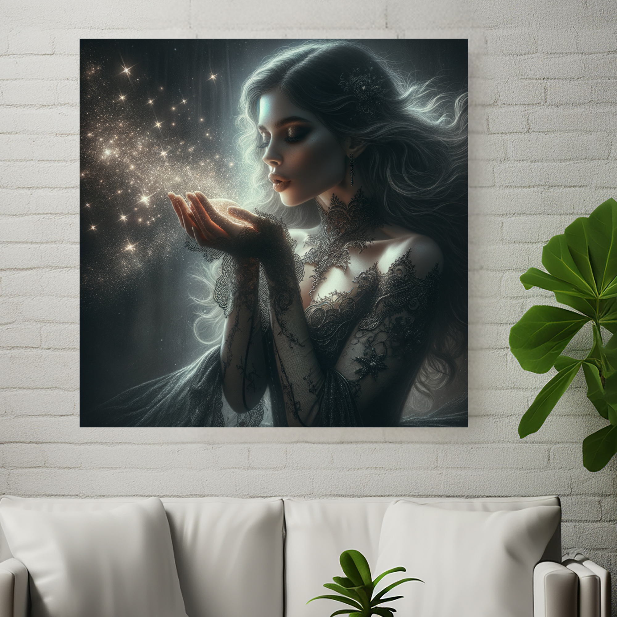 Elegant Woman in Lace Blowing Stardust – Fantasy Wall Art