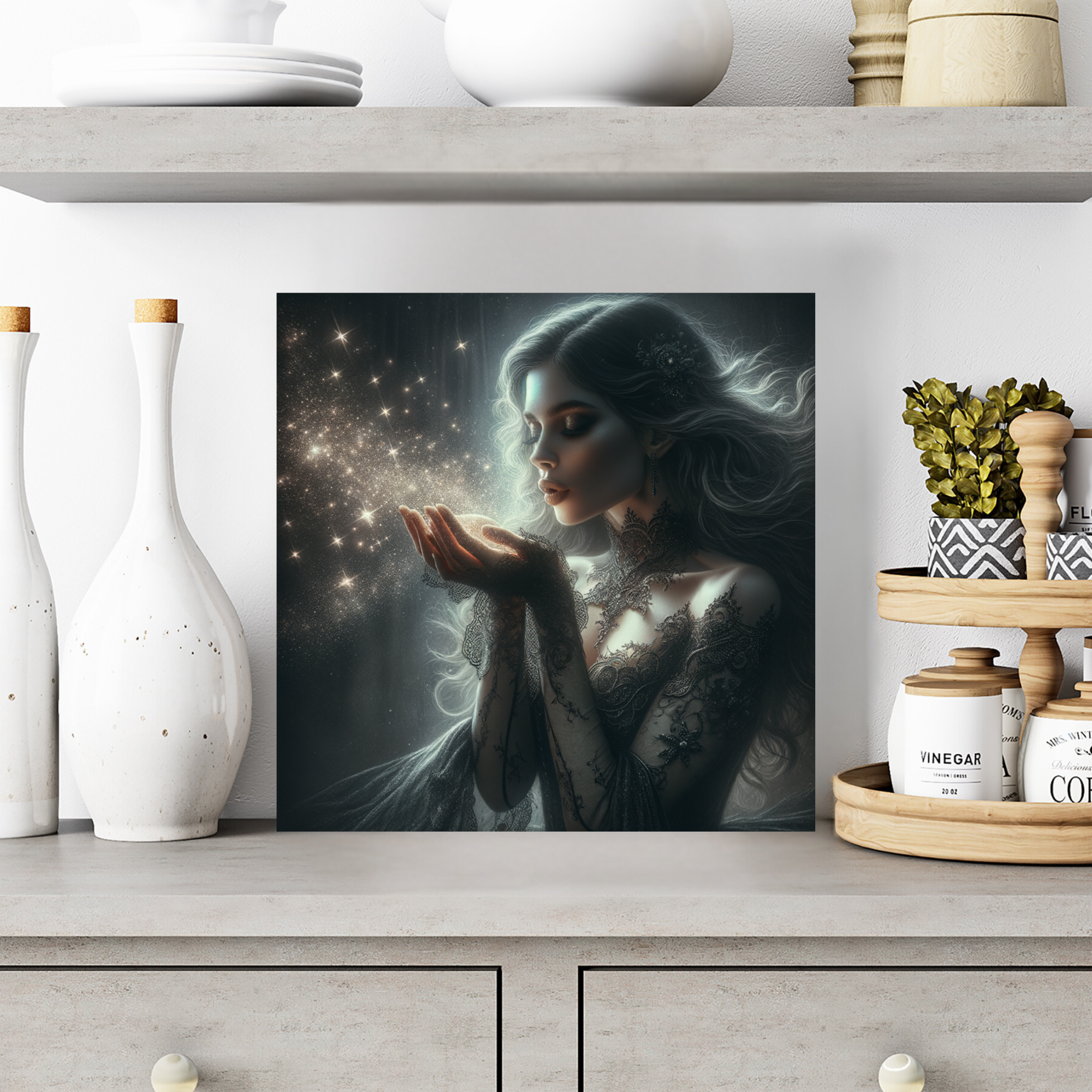 Elegant Woman in Lace Blowing Stardust – Fantasy Wall Art