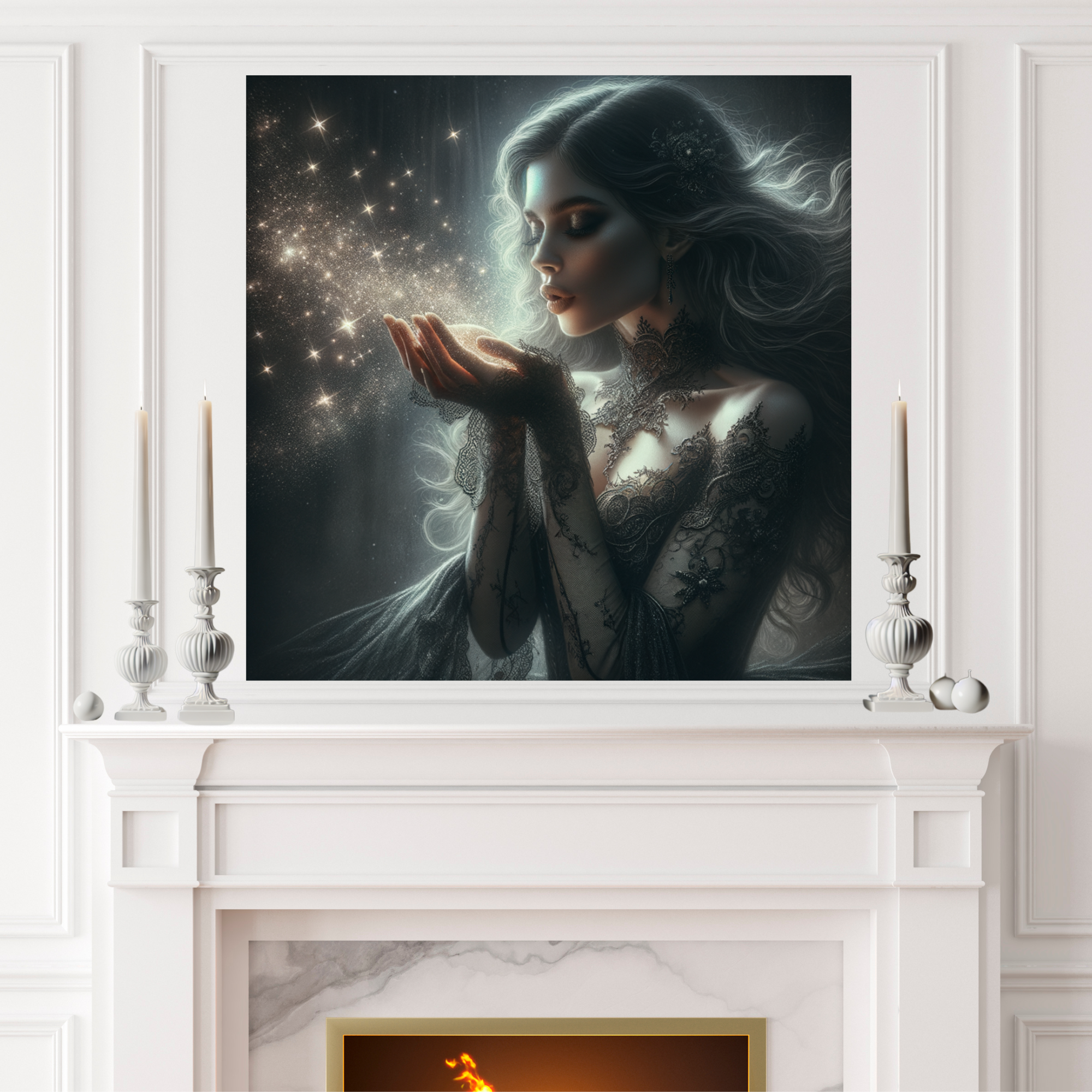 Elegant Woman in Lace Blowing Stardust – Fantasy Wall Art