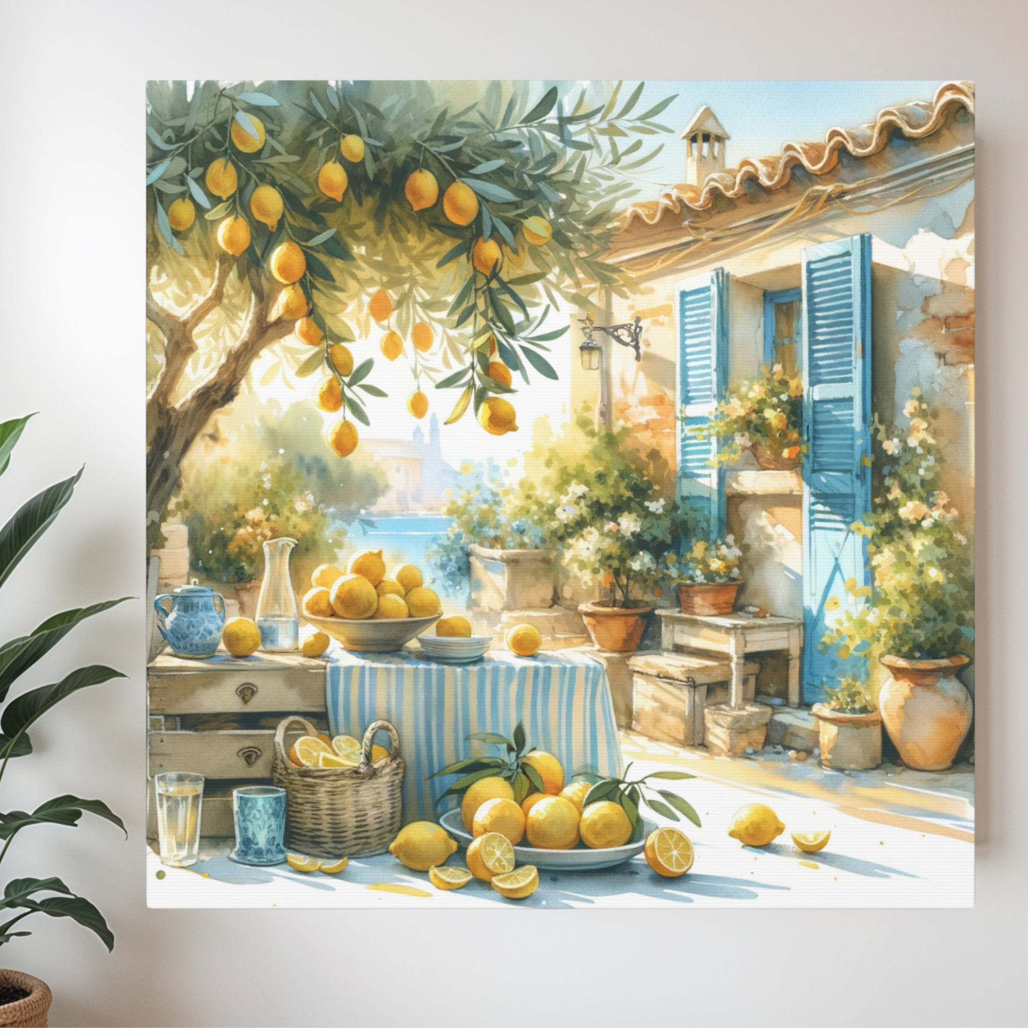 Mediterranean Courtyard With Lemons and Blue Shutters – Tuscan Summer Wall Art