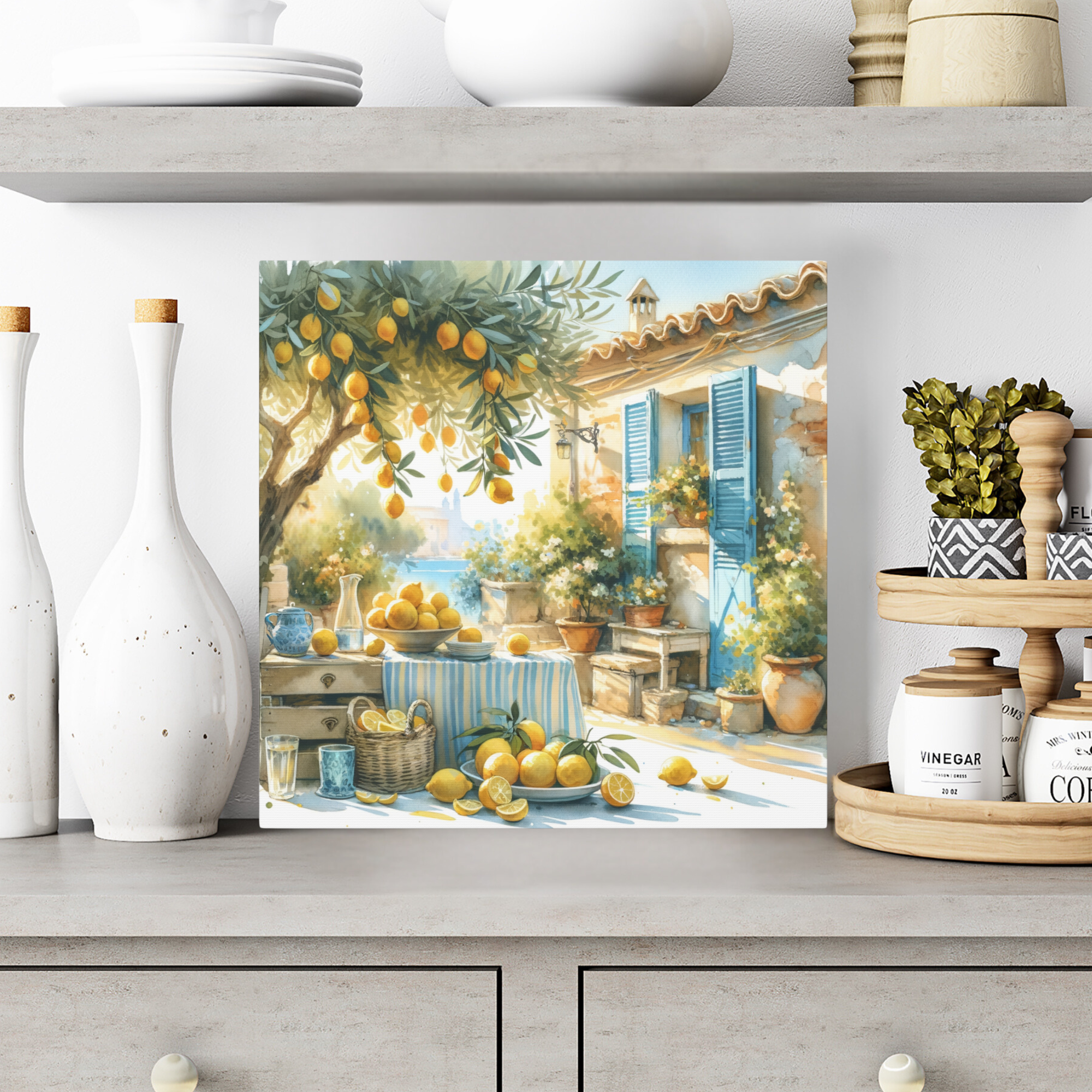 Mediterranean Courtyard With Lemons and Blue Shutters – Tuscan Summer Wall Art