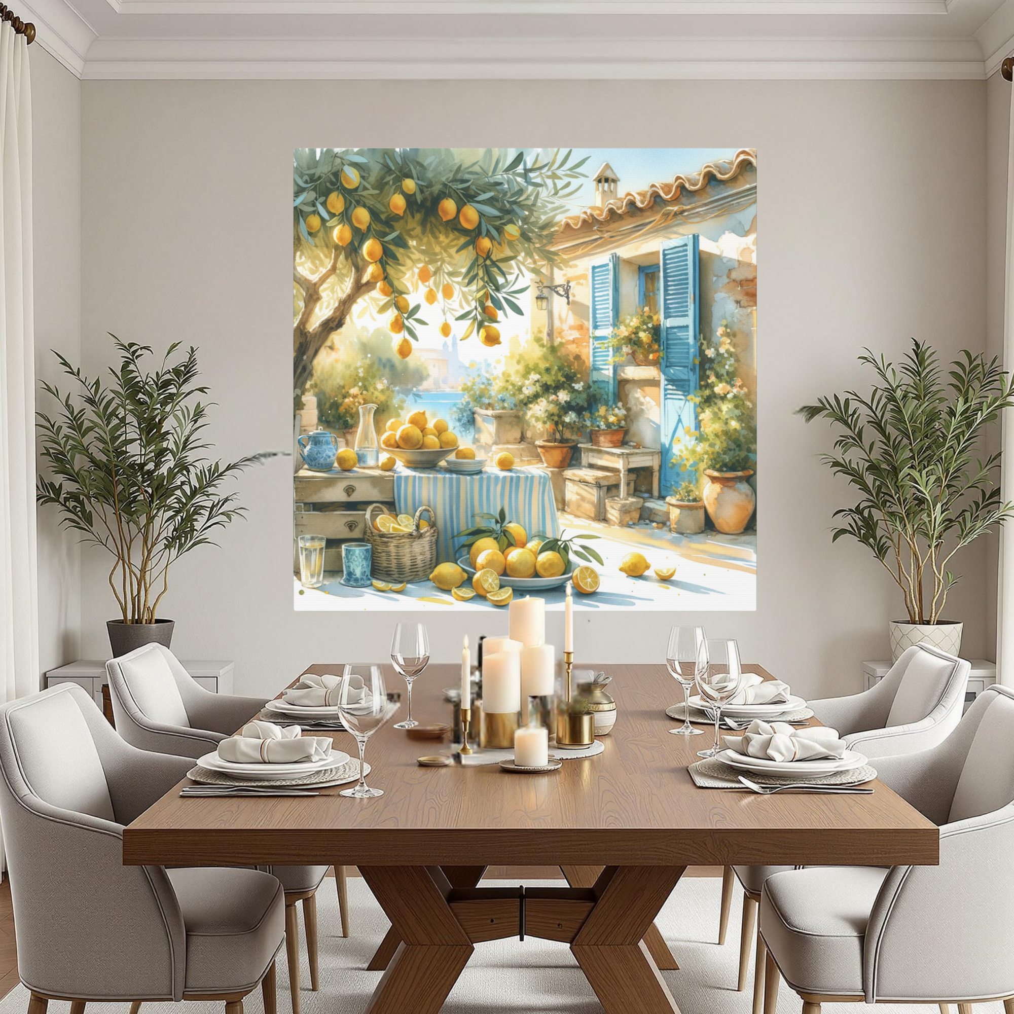 Mediterranean Courtyard With Lemons and Blue Shutters – Tuscan Summer Wall Art