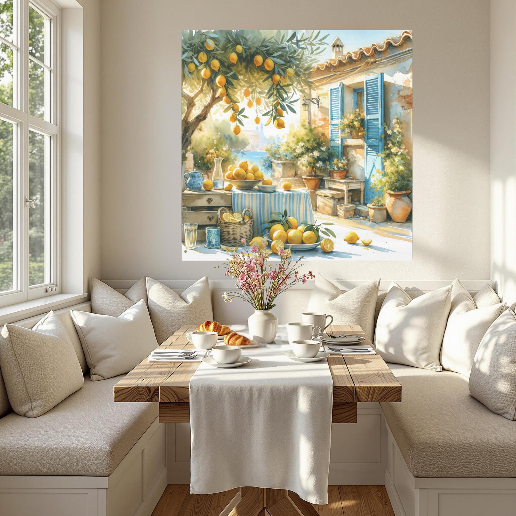 Mediterranean Courtyard With Lemons and Blue Shutters – Tuscan Summer Wall Art