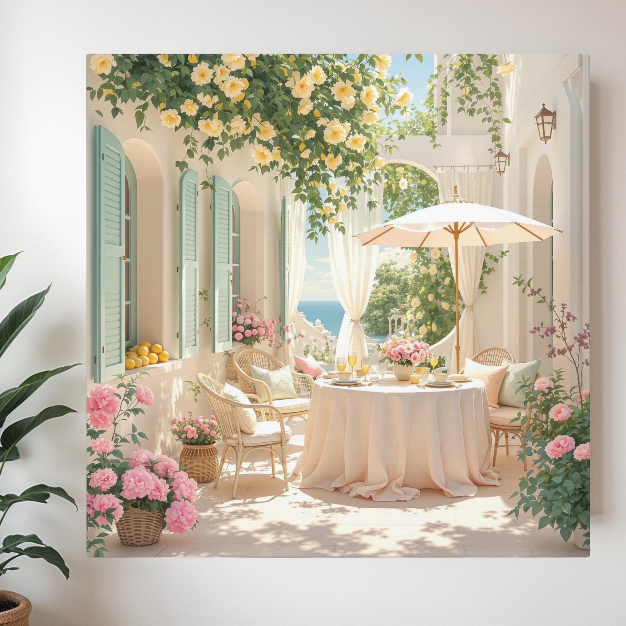Pink Mediterranean Patio With Lemon Trees and Roses – Mediterranean Wall Art