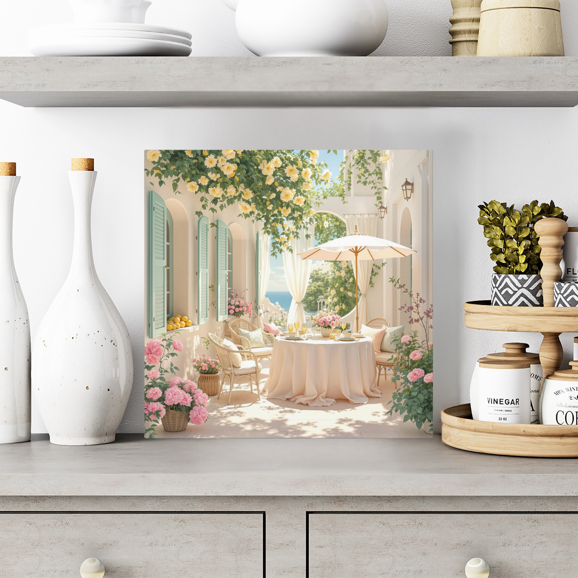 Pink Mediterranean Patio With Lemon Trees and Roses – Mediterranean Wall Art