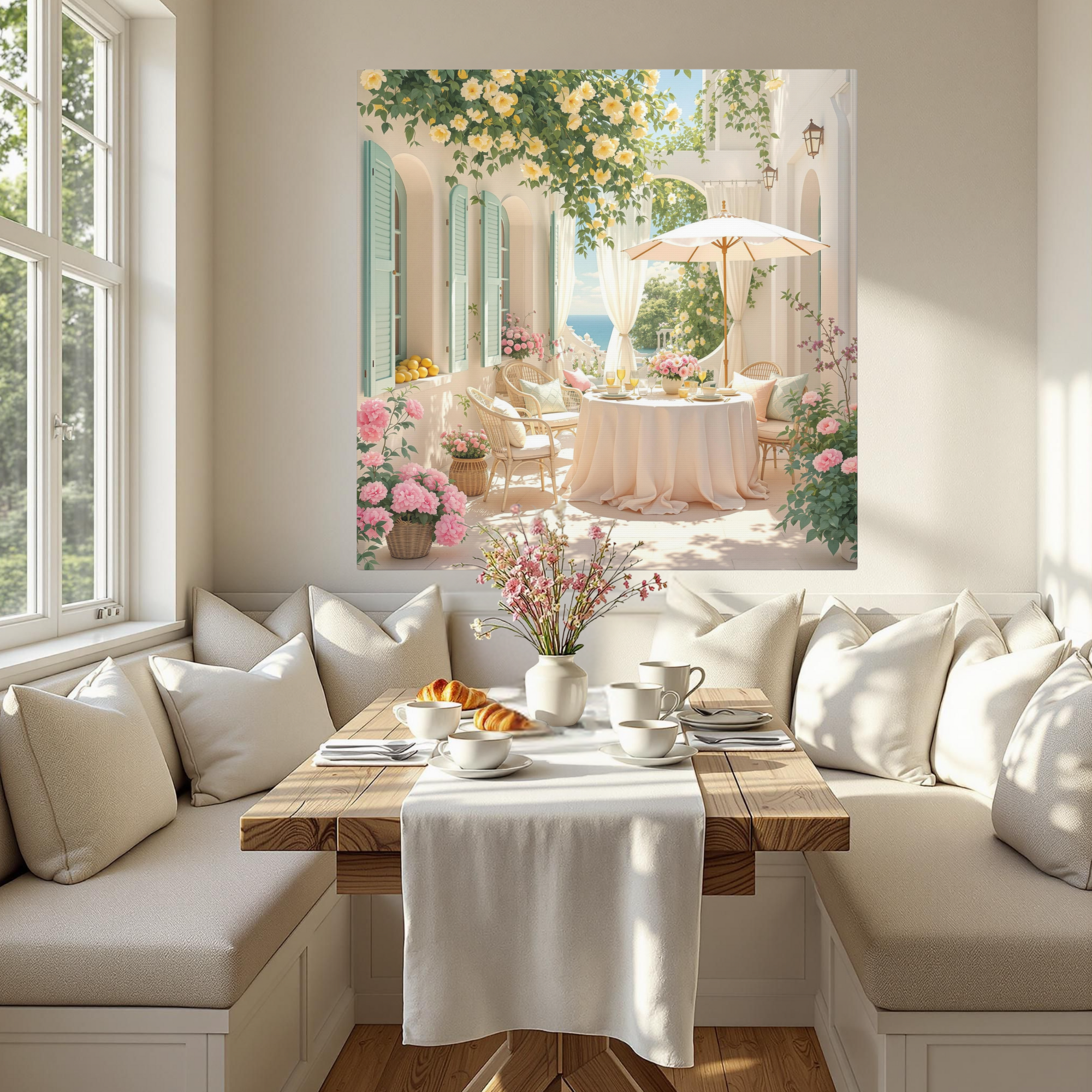 Pink Mediterranean Patio With Lemon Trees and Roses – Mediterranean Wall Art